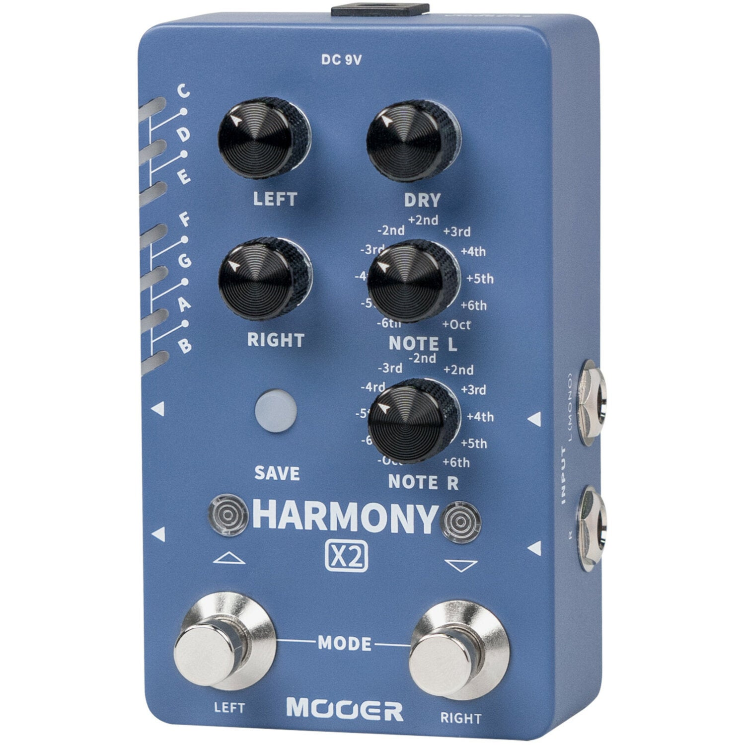Gitar için düğmeler ve etiketlerle mavi bir Mooer Harmony X2 efekt pedalı.