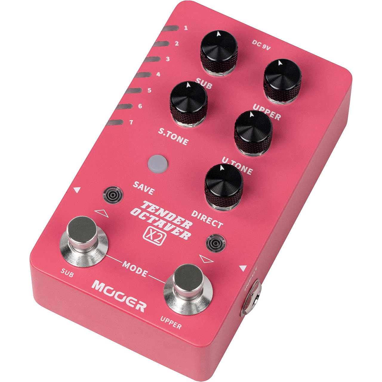 Düğmeli ve anahtarlı pembe bir Mooer Tender Octaver X2 gitar efekt pedalı.
