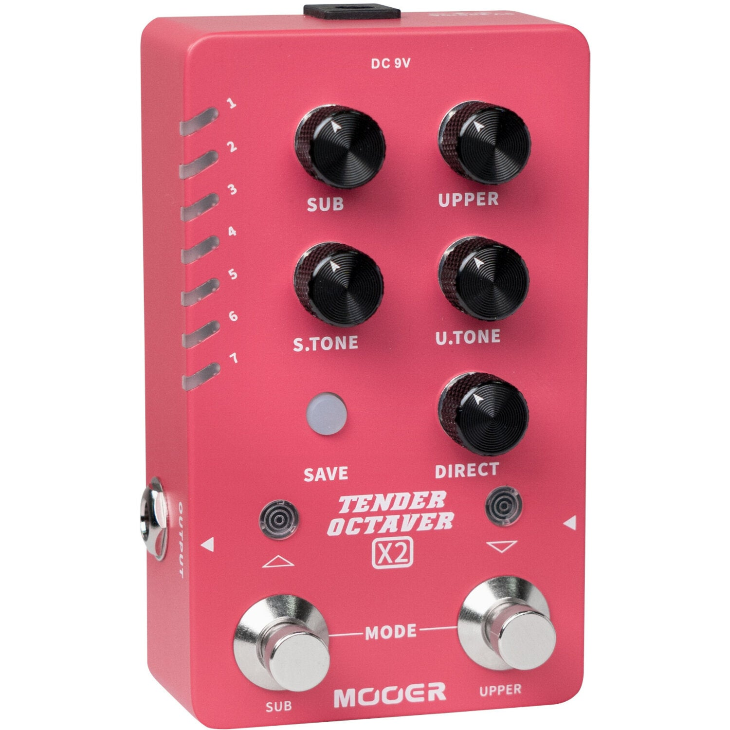 Altı düğmeli ve iki ayaklı anahtarlı kırmızı MOOER Tender Octaver X2 gitar pedalı.
