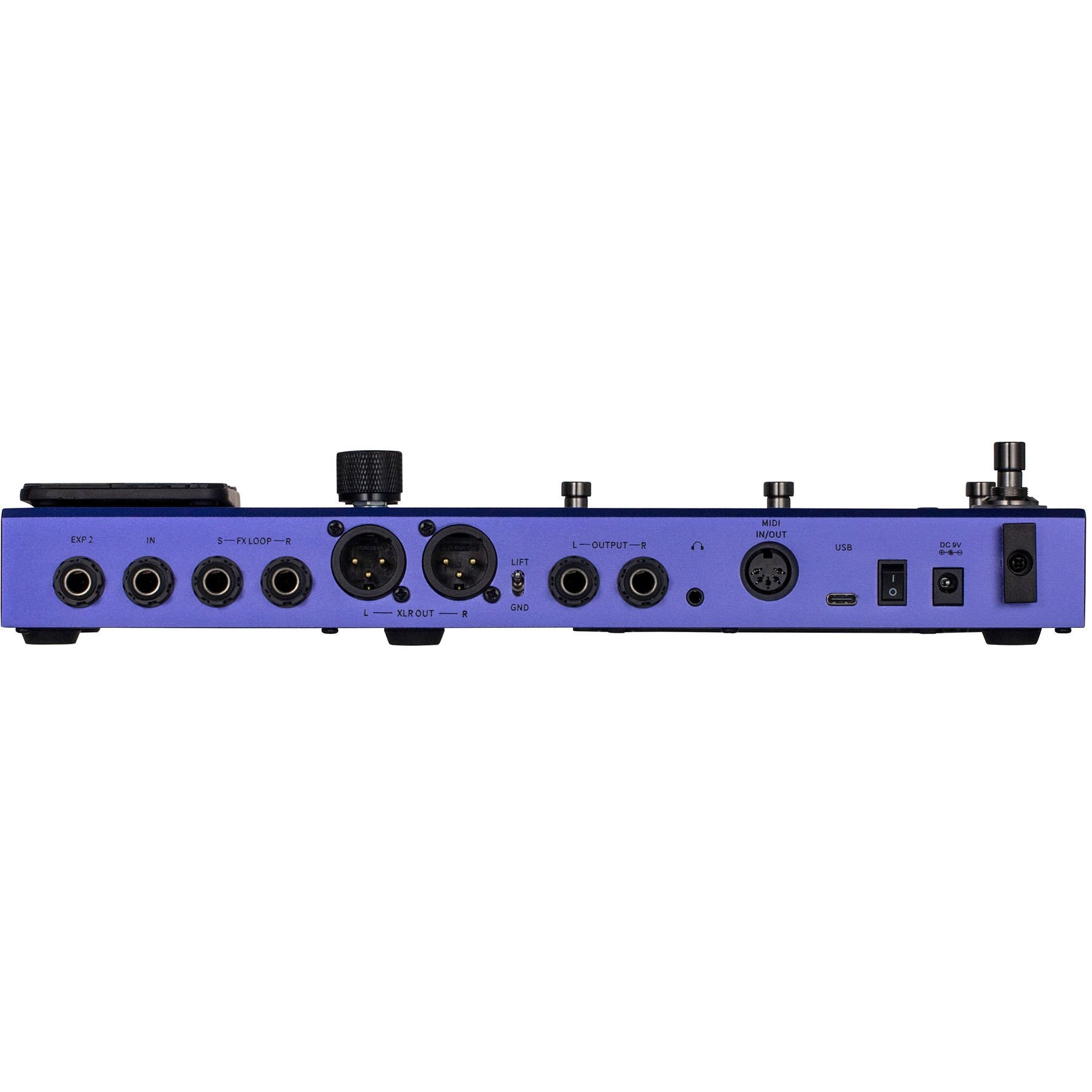 Mor renkli ses cihazı; EXP 2, IN, FX LOOP, XLR OUT, OUTPUT, MIDI, USB, DC 9V gibi çeşitli giriş/çıkışlara sahip.