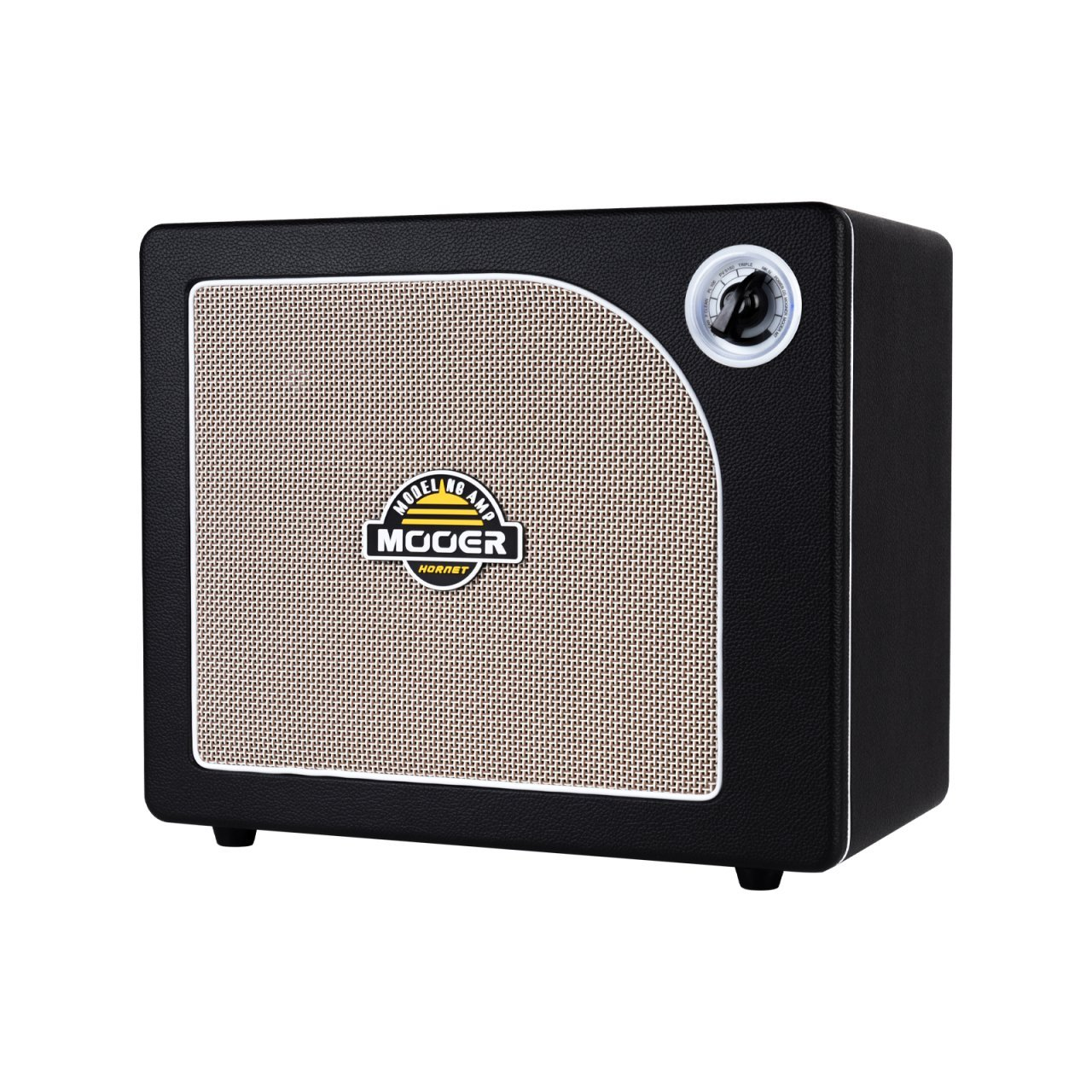 Bej bej ızgaralı ve kontrol düğmeli siyah Mooer Hornet modelleme gitar amfisi.