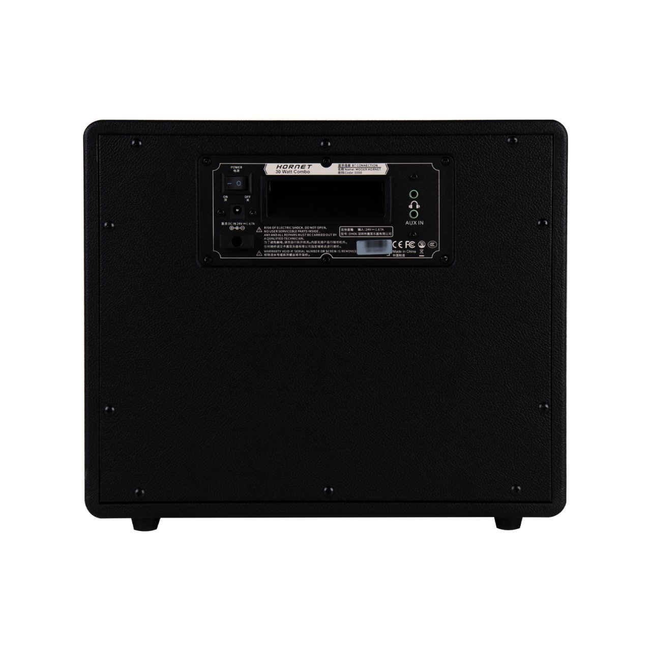 HORNET 30 Watt Combo gibi etiketleri olan siyah bir amplifikatörün arkası.