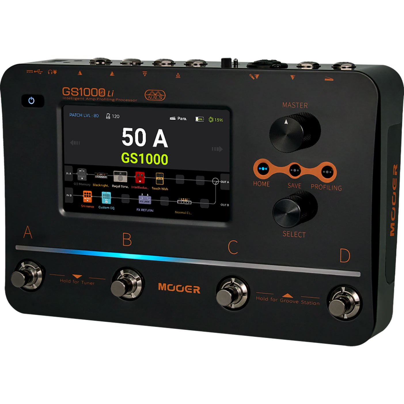 Dokunmatik ekranlı ve düğmeli siyah bir Mooer GS1000 Li gitar profilleme işlemcisi.