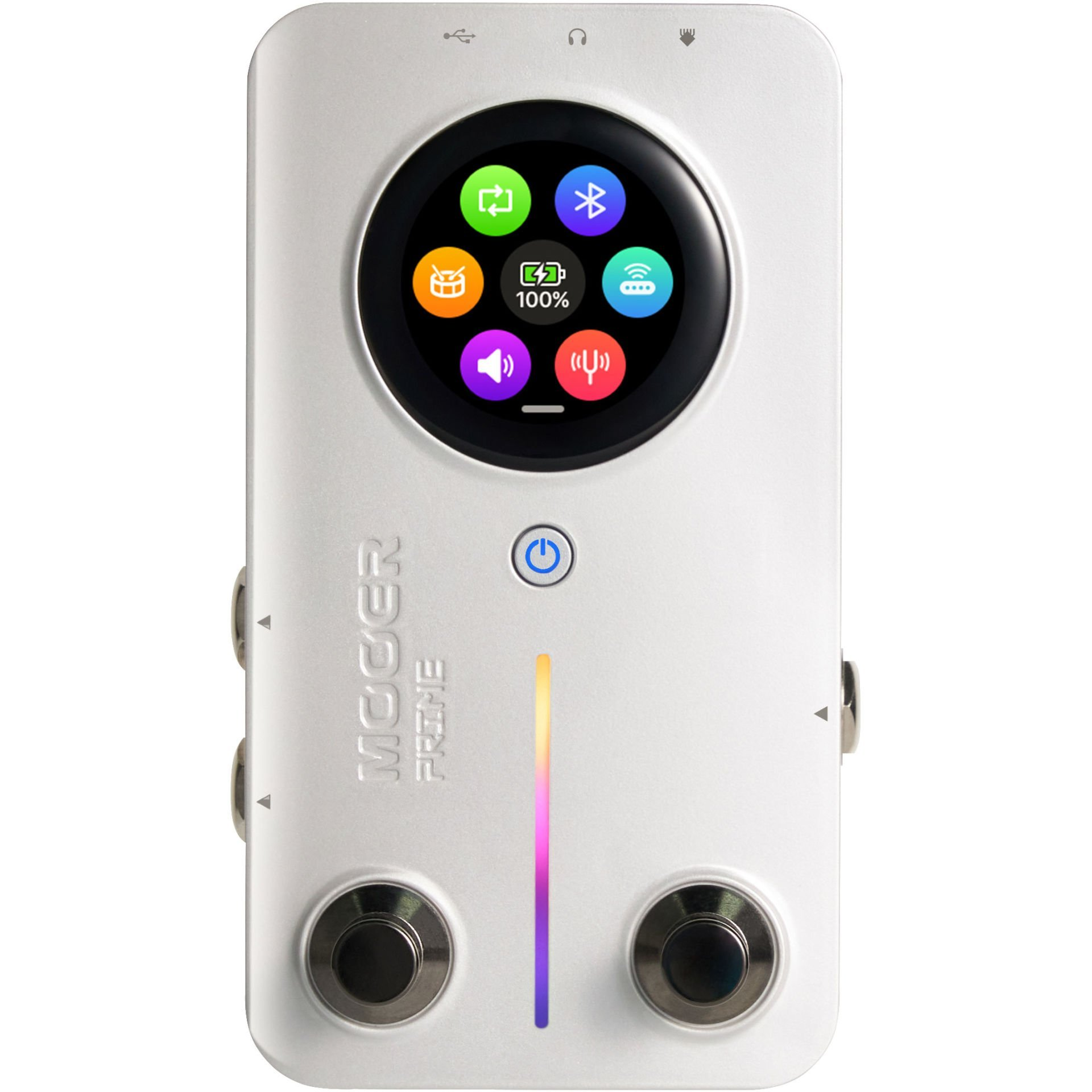 İkonları gösteren dairesel ekrana sahip beyaz MOOER PRIME P1 pedal.