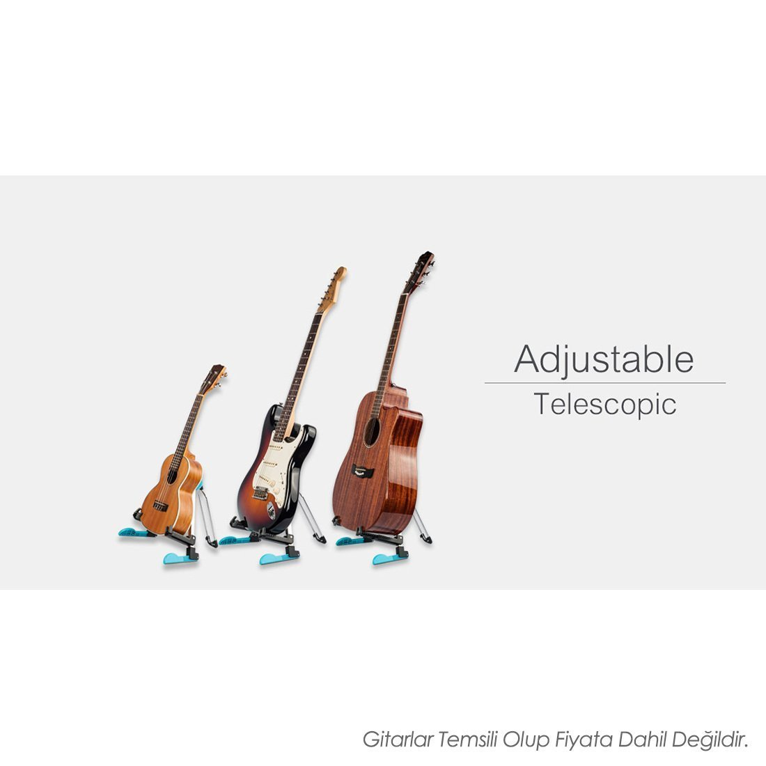Üç gitar, stant üzerinde: akustik, elektro ve western tarzı.