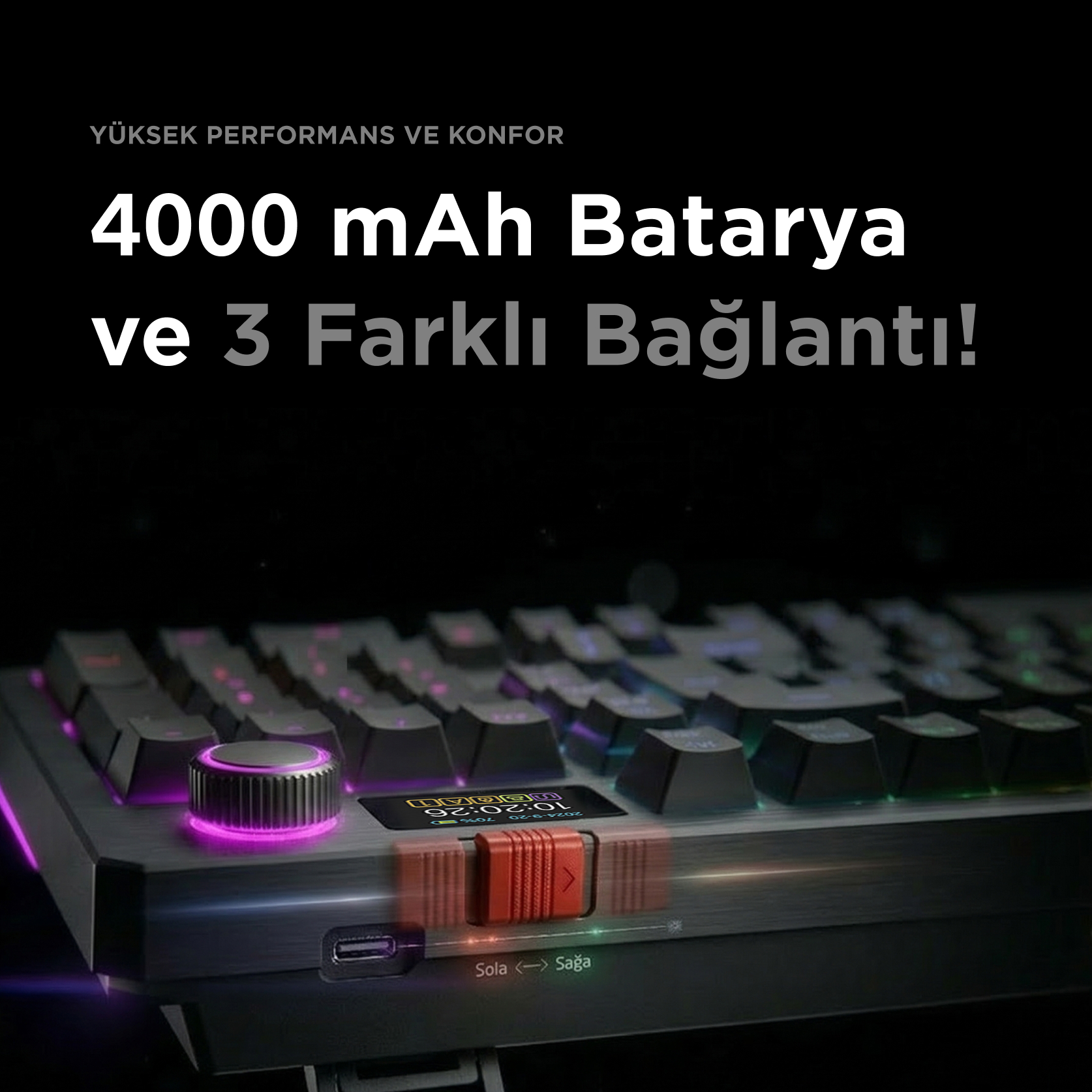 RGB aydınlatmalı, ses tekerlekli ve USB-C portlu siyah klavye.