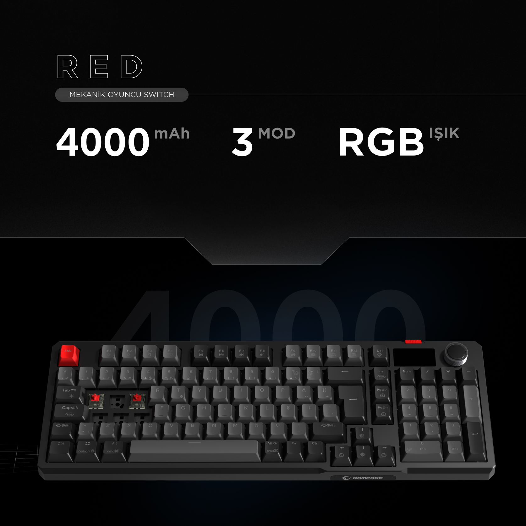 Kırmızı vurgulu siyah mekanik klavye, 4000 mAh pil ve RGB aydınlatma.