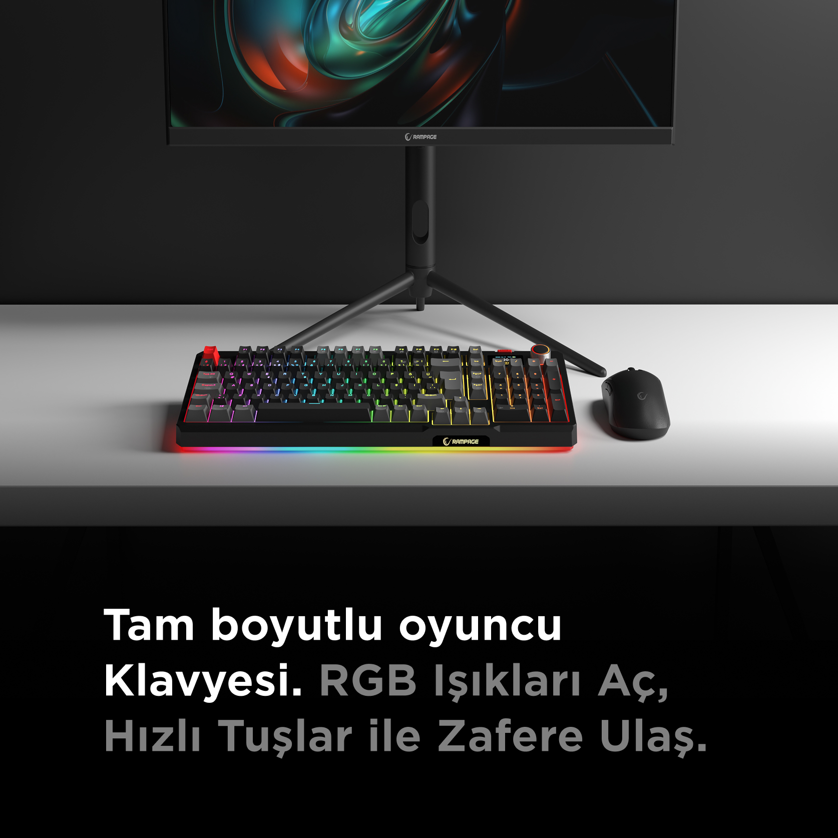 RGB aydınlatmalı oyuncu klavyesi ve fare masanın üzerinde.