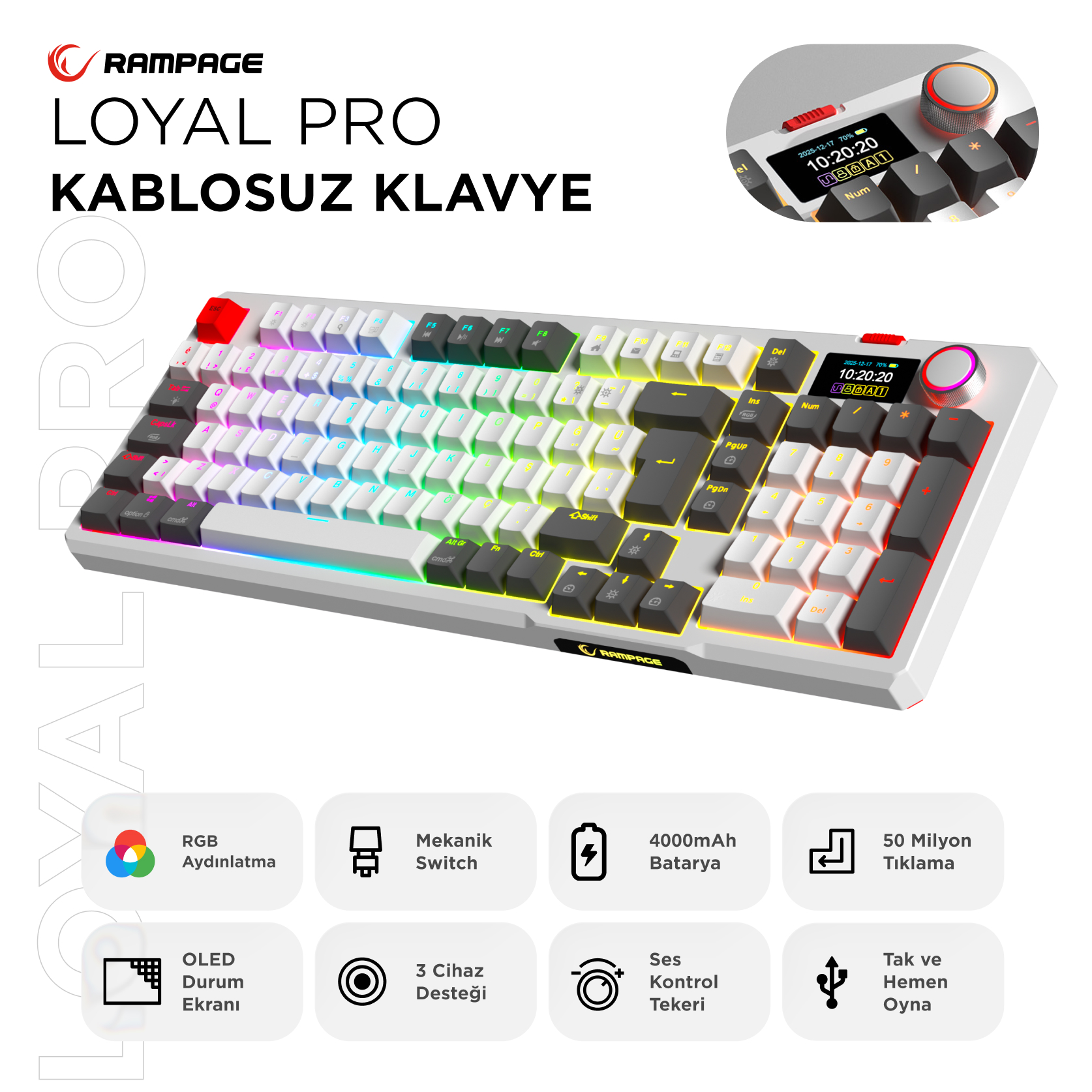 RAMPAGE Loyal Pro 3 BT + 2.4 IPS Ekranlı Red Switch RGB Mekanik Kablosuz Oyuncu Klavyesi Beyaz/Gri