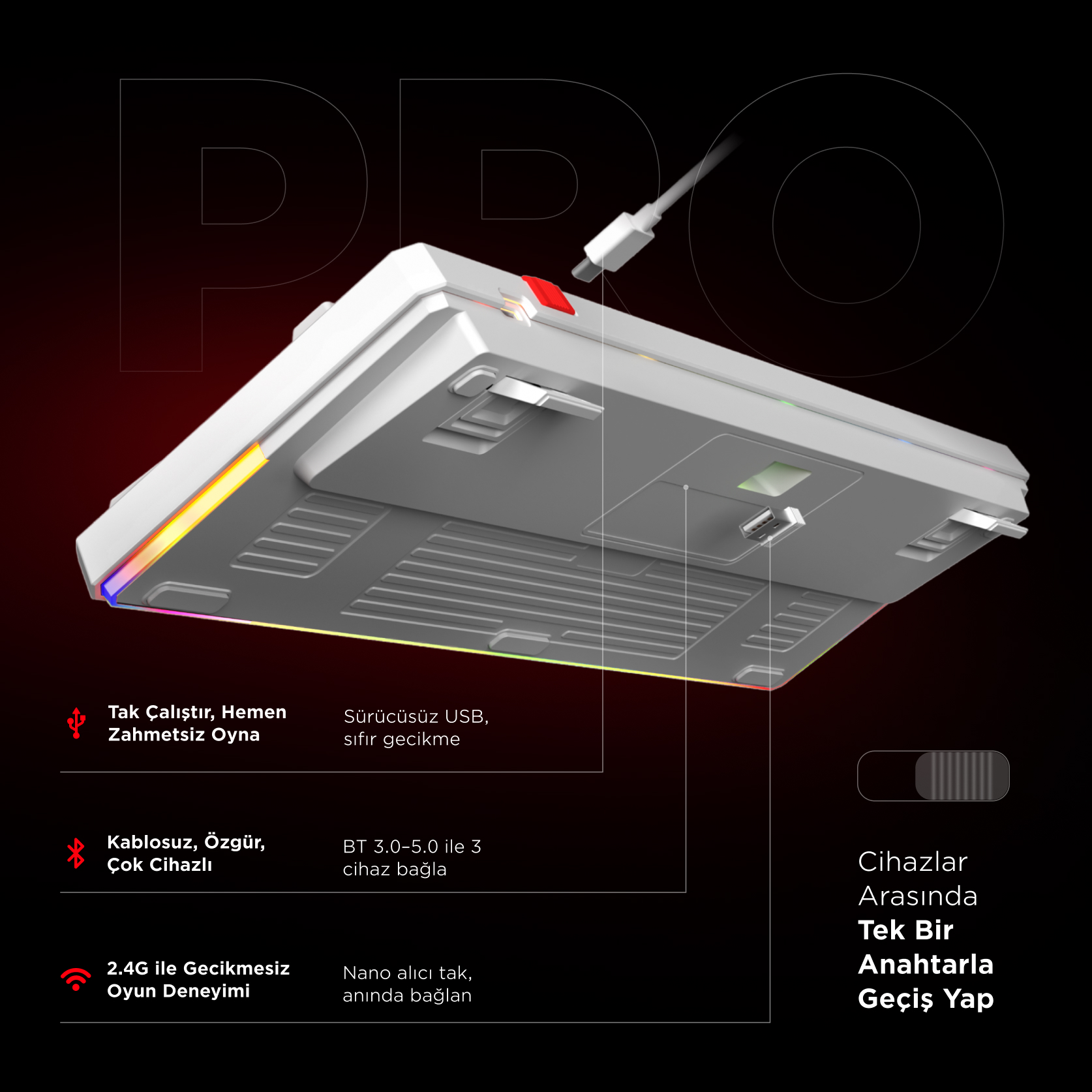 RGB aydınlatmalı ve USB bağlantılı beyaz klavye altlığı.