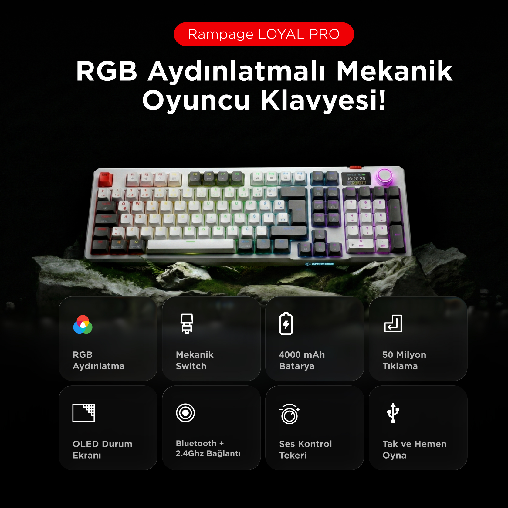 Döner düğmeli, RGB aydınlatmalı beyaz mekanik klavye.