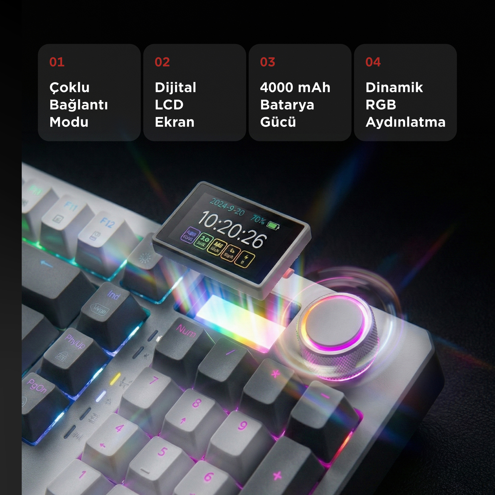 Küçük LCD ekrana ve RGB aydınlatmaya sahip mekanik klavye.