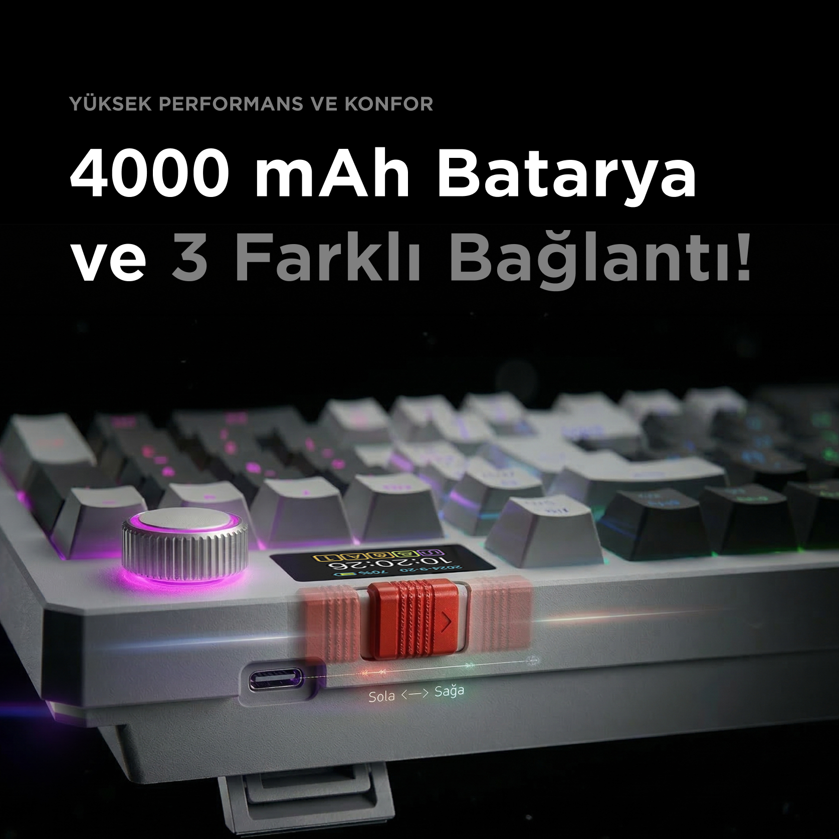 Gri klavye, döner düğme, kırmızı düğme, USB-C ve ekranli. Aydınlatmalı tuşlar.
