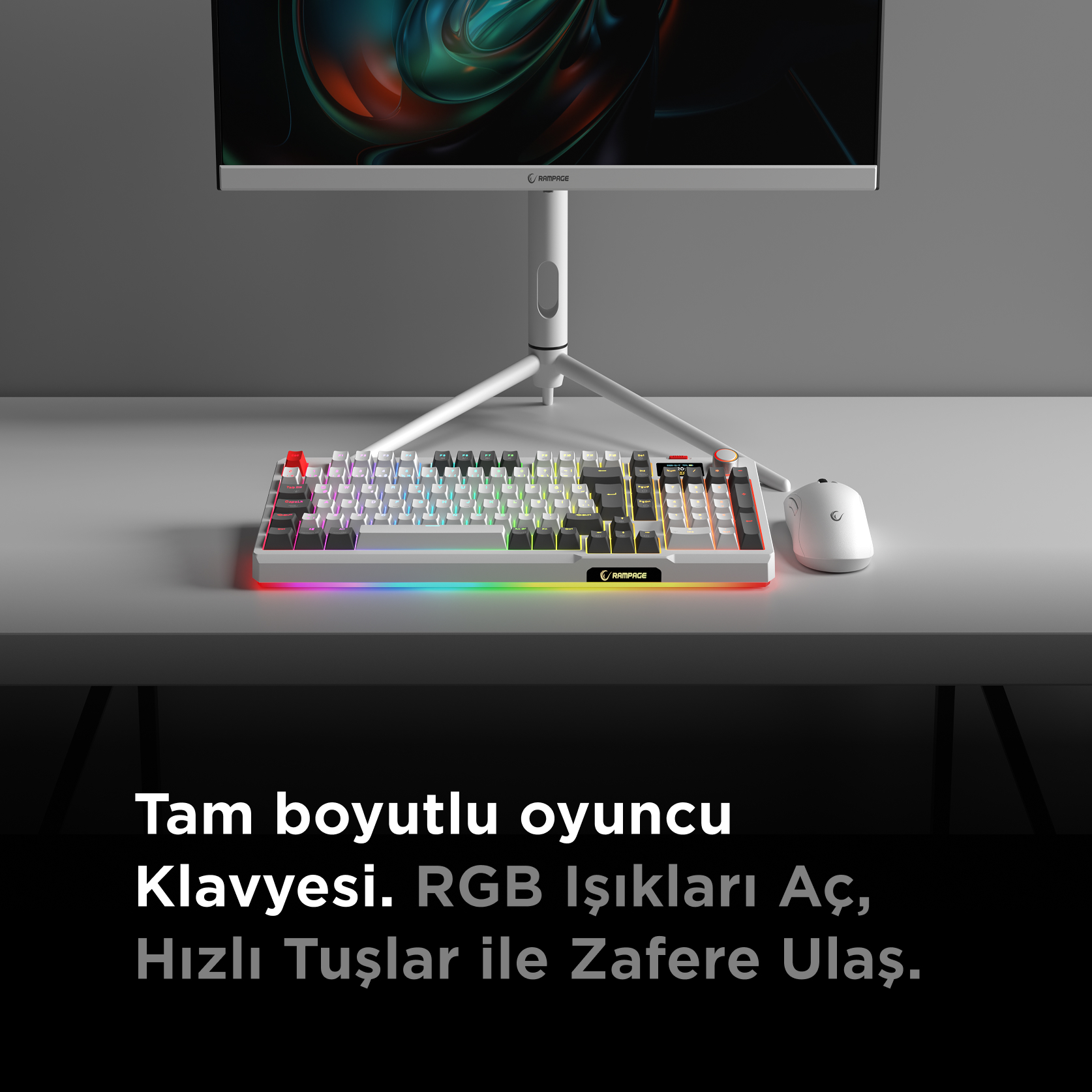 RGB aydınlatmalı beyaz oyuncu klavyesi ve beyaz fare.