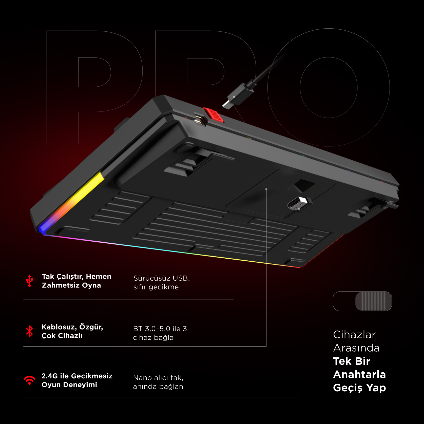 RGB aydınlatmalı siyah klavye, USB-C kablosu ve özellik açıklamaları.