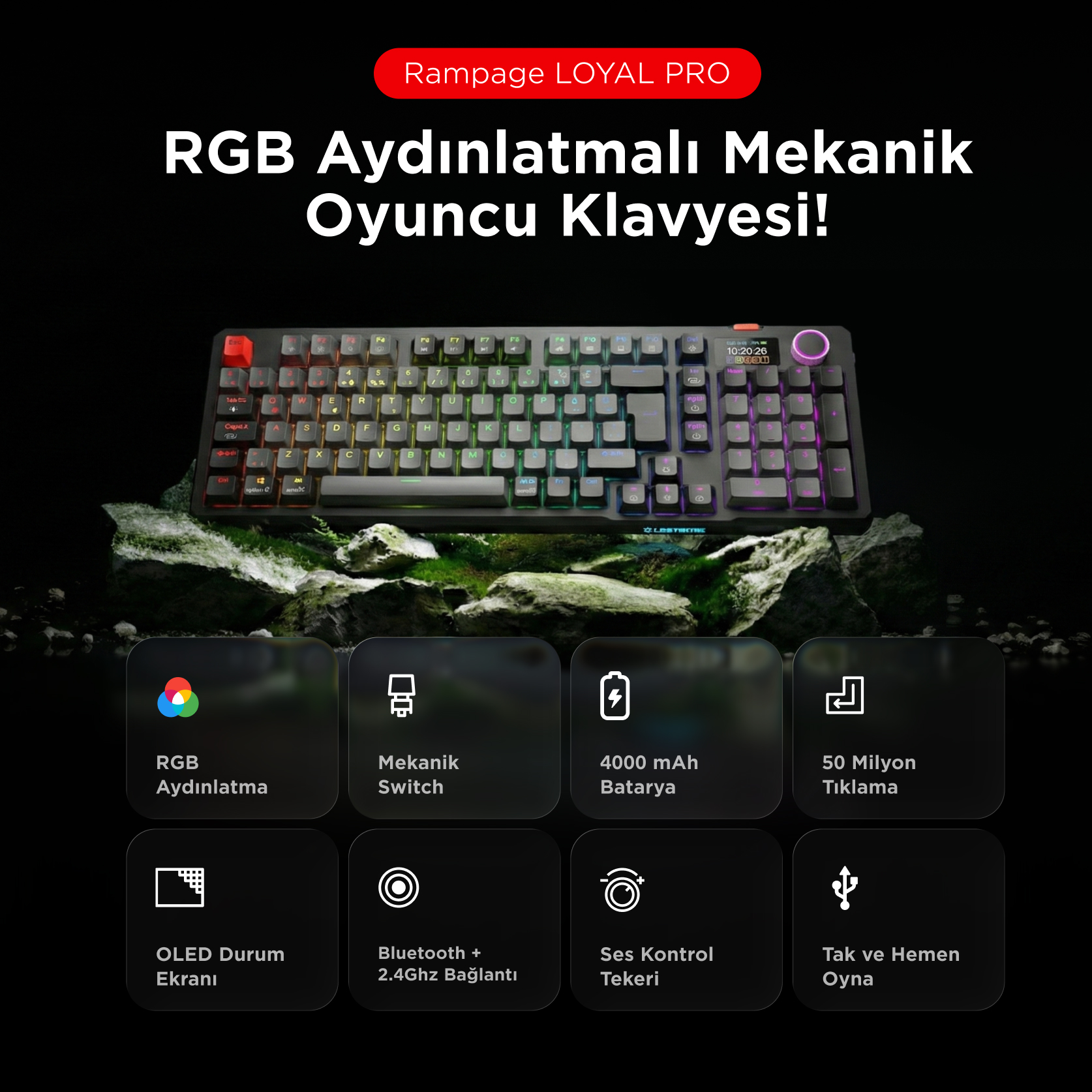 Ekranlı, 4000mAh bataryalı, 50 Milyon tıklamalı mekanik RGB oyuncu klavyesi.