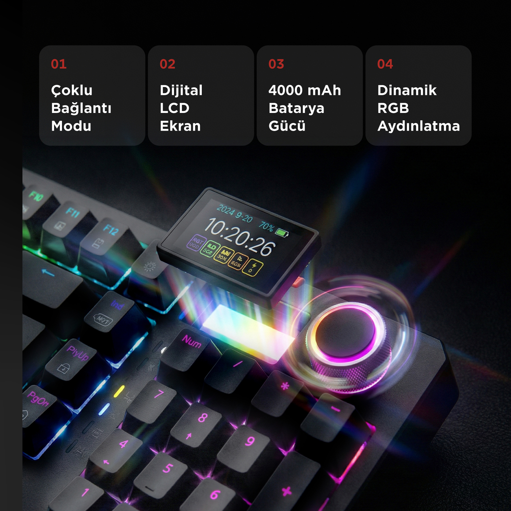 Saati gösteren küçük ekranlı, RGB aydınlatmalı bir klavye.