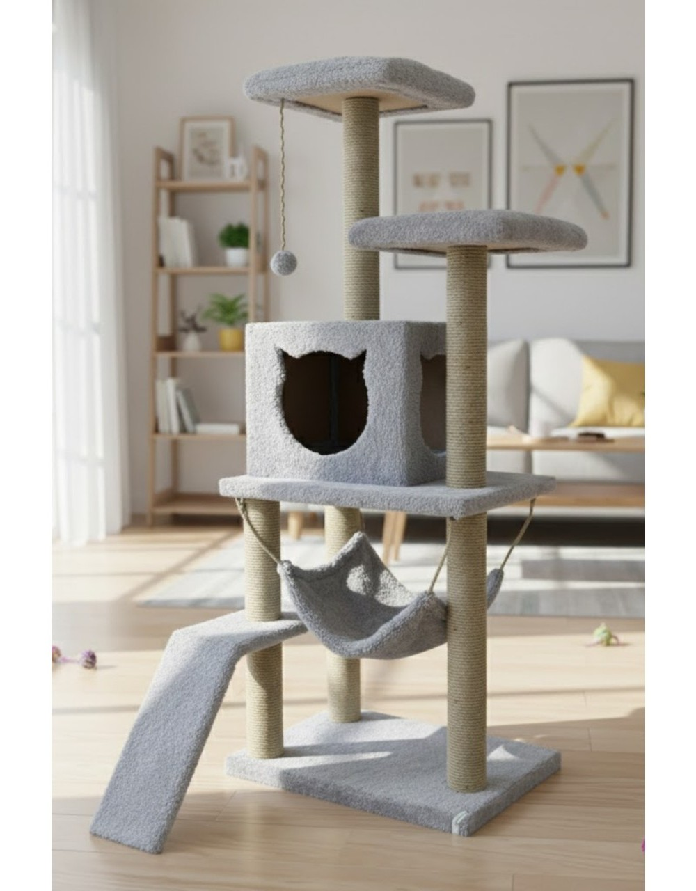 Çok katlı, tırmalama direkli, hamaklı ve kedi şeklinde açıklığı olan gri bir kedi ağacı.
