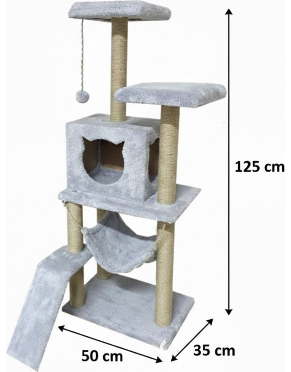 Hamaklı, oyuncaklı ve seyir platformlu gri kedi ağacı. Yükseklik 125 cm.
