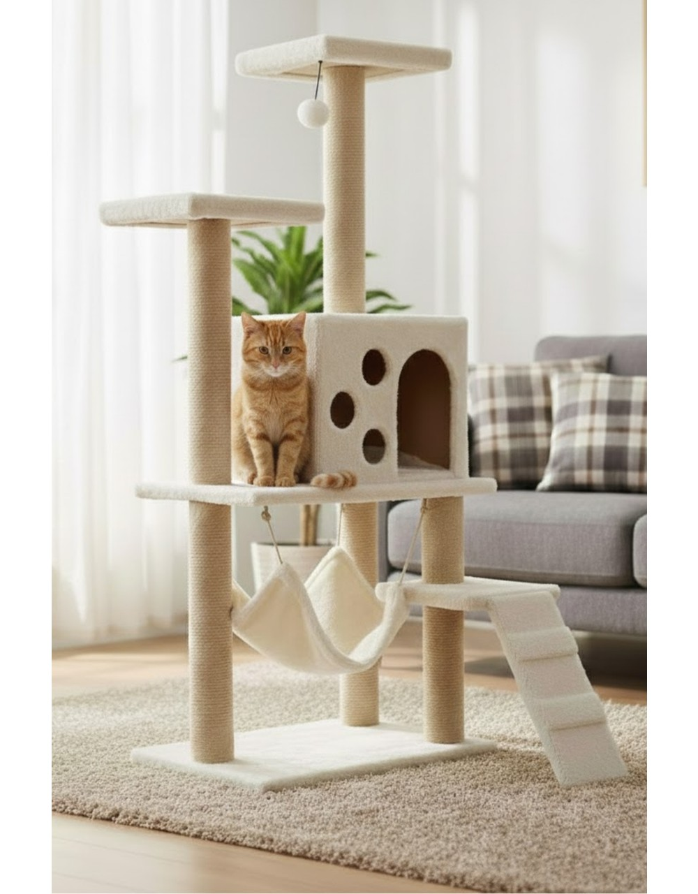 Turuncu tekir kedi, hamaklı ve oyuncaklı kedi ağacında oturuyor.