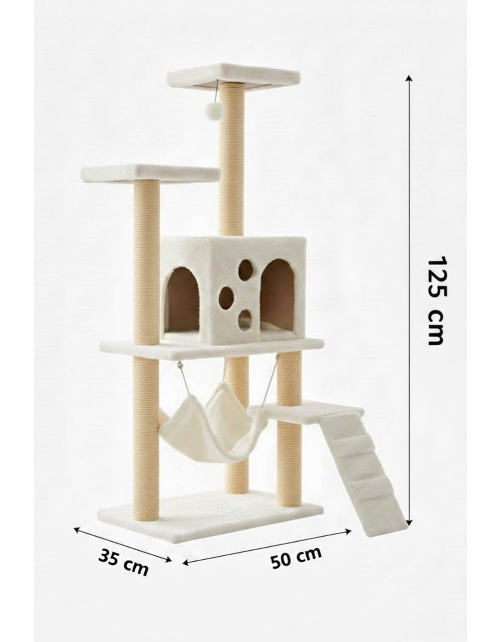 Hamaklı, küp evli, rampalı ve oyuncaklı beyaz kedi ağacı, 125cm yüksek.