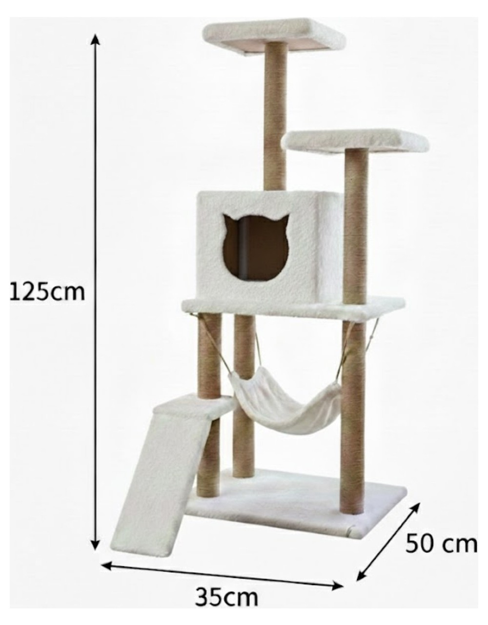 Hamaklı ve kedi başı kesimli çok katlı kedi ağacı.