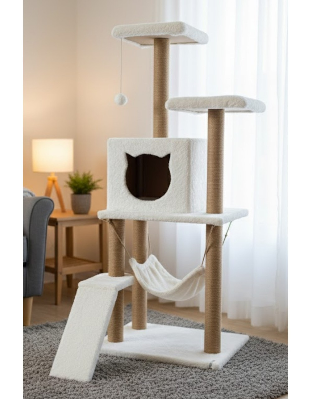 Beyaz kedi ağacı, hamaklı, oyuncaklı, oturma platformlu, salon.