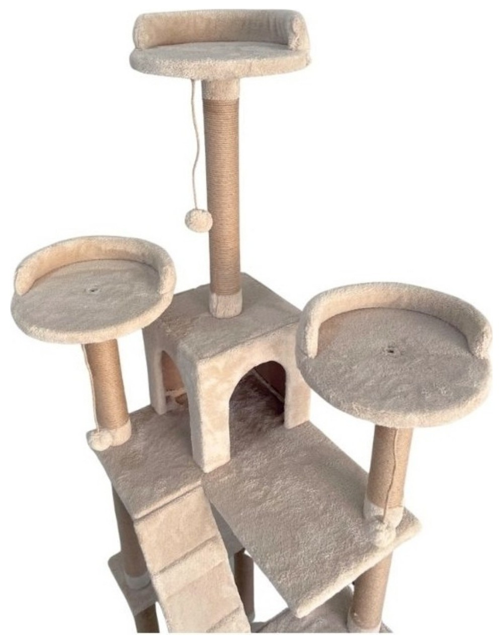 Çok katlı, platformlu ve hamaklı bej renkli kedi ağacı.
