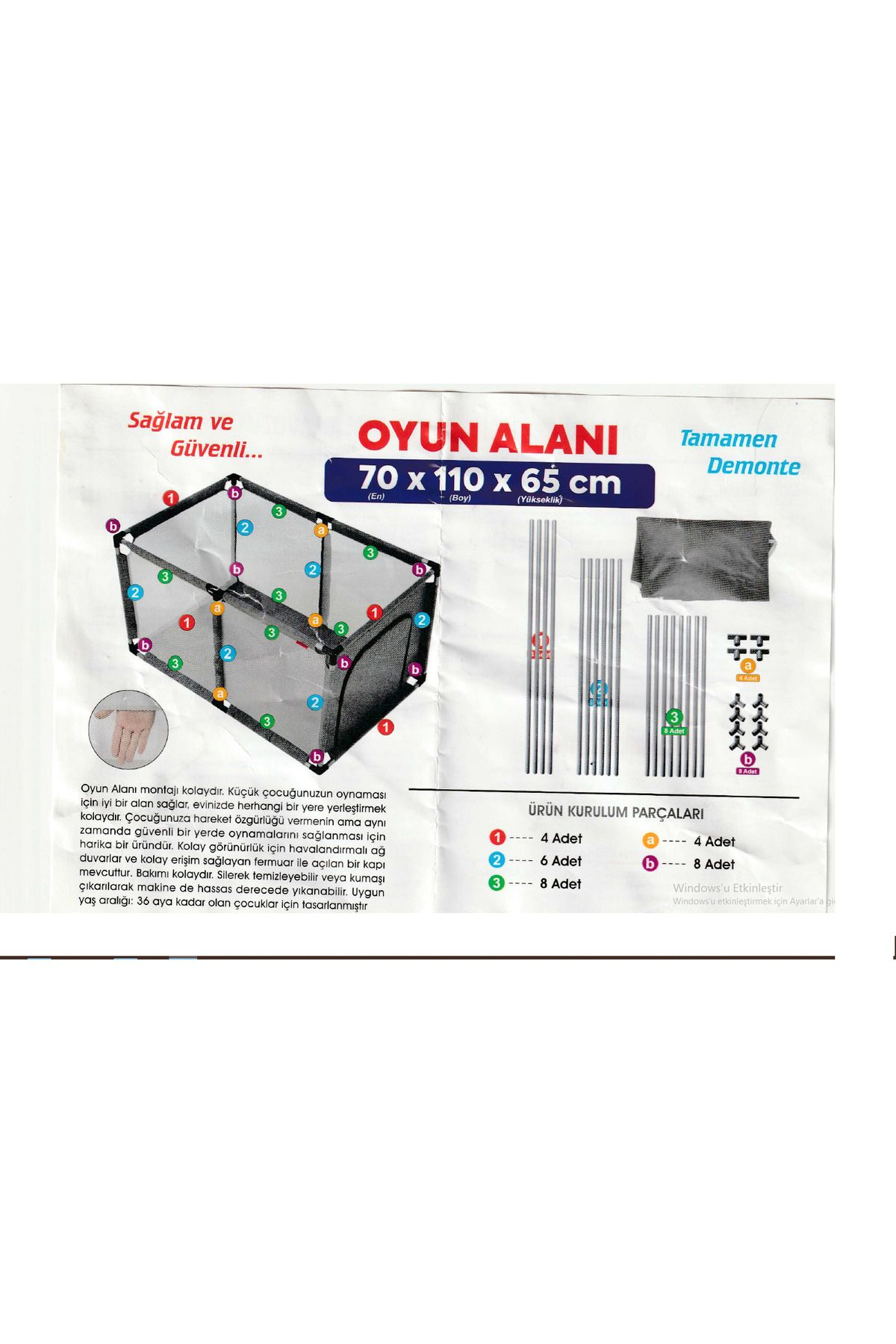 Oyun alanı 70x110x65cm, tamamen demonte edilebilir. Çubuklar ve konektörler.