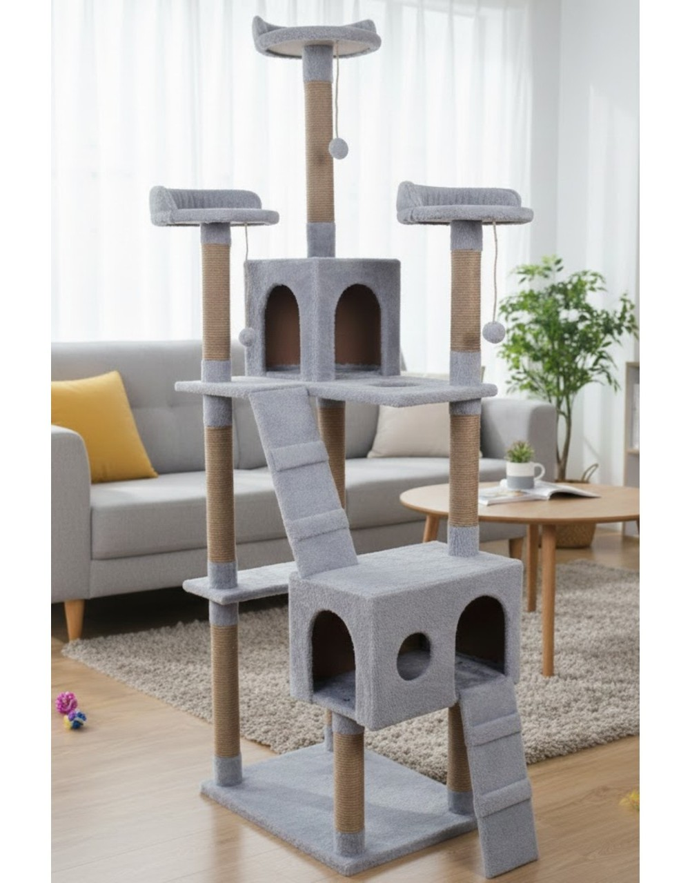 Platformlu, tırmalama direkli, yuvalı çok katlı gri kedi ağacı.