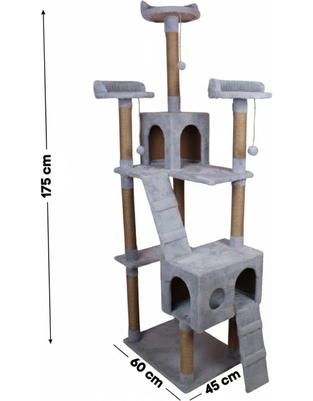 Gri çok katlı kedi ağacı, 175cm yükseklik, 60cm genişlik, 45cm derinlik.