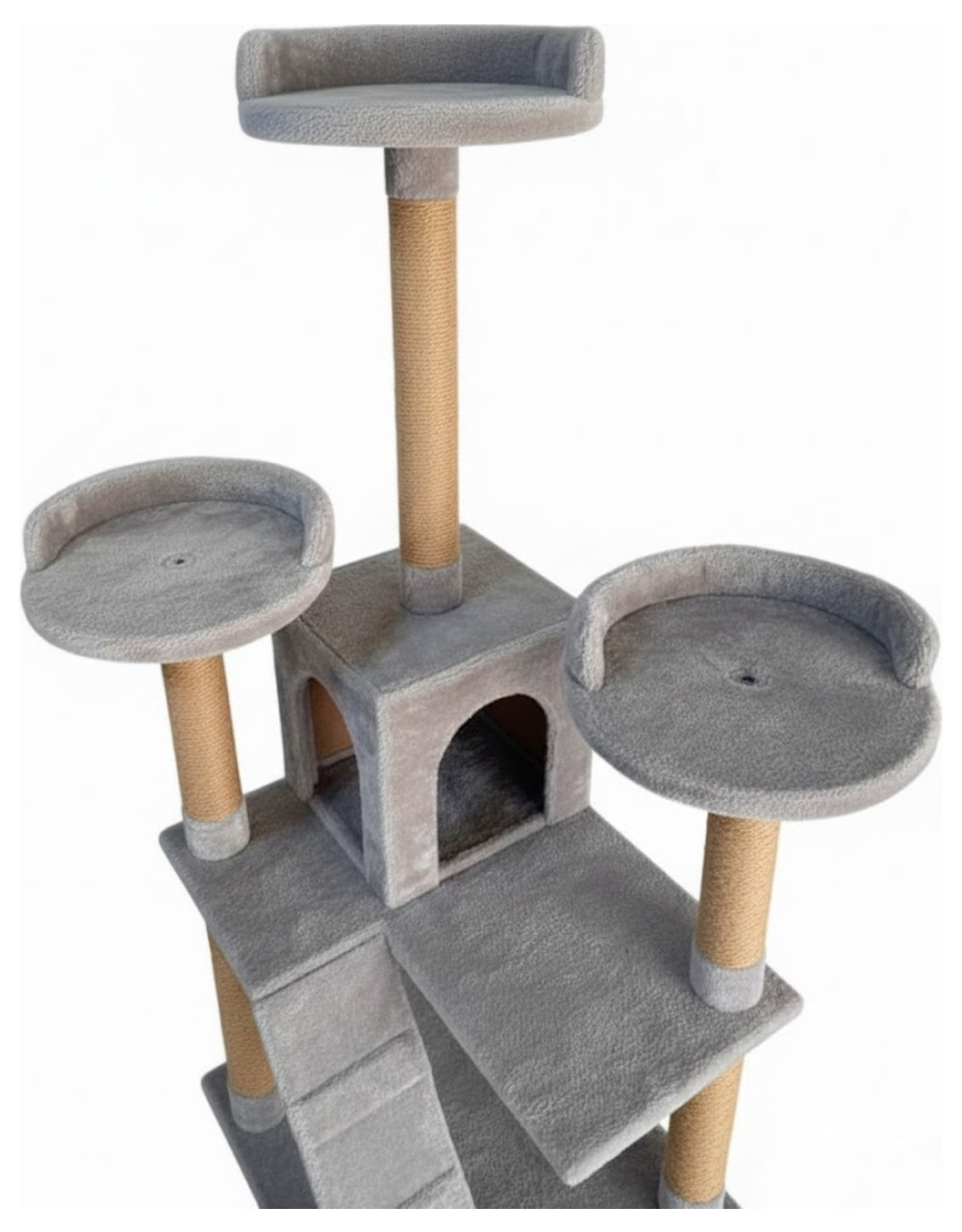 Gri renkli, çok katlı, saklanma yeri ve platformları olan kedi ağacı.