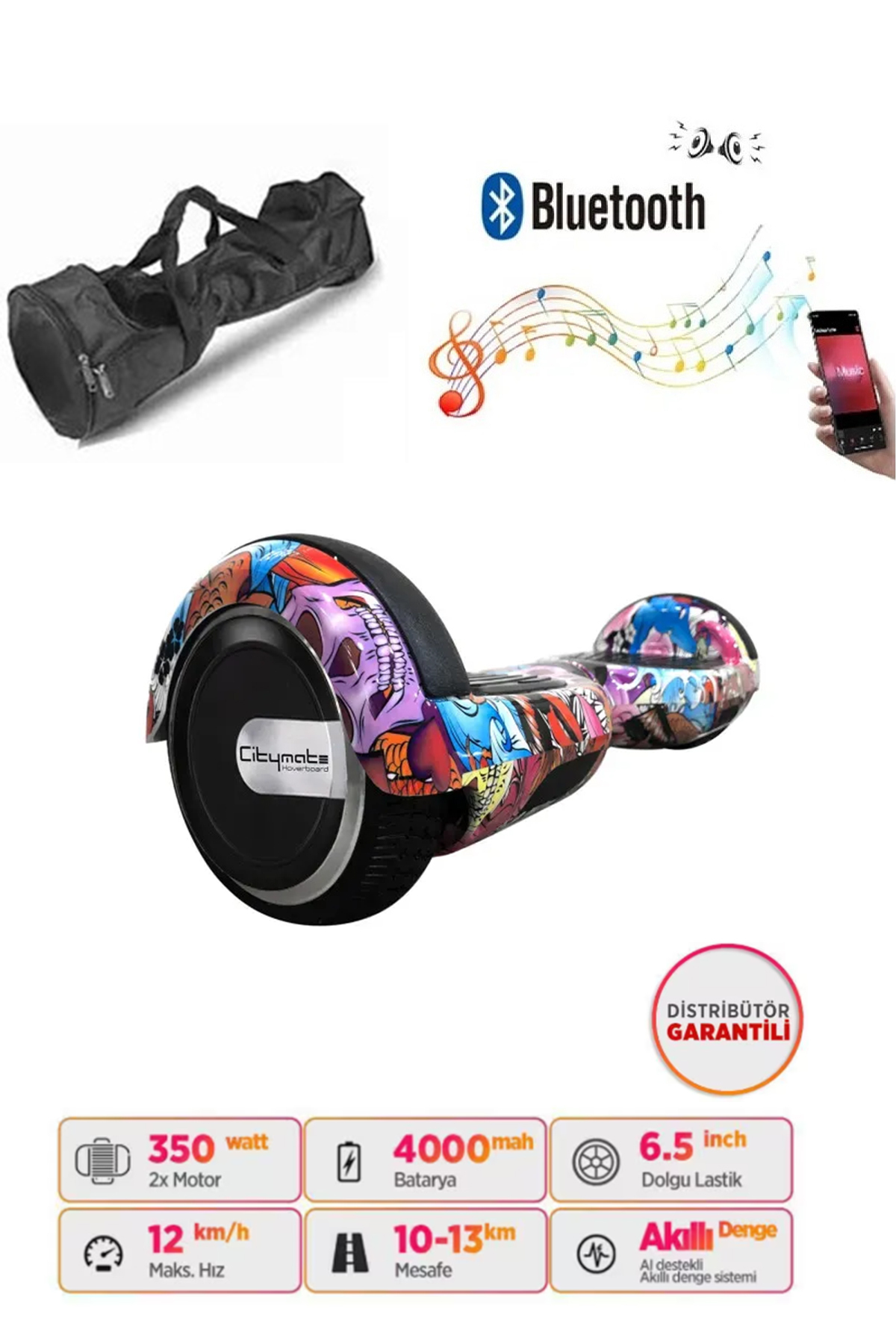 Bluetooth, çanta ve özelliklere sahip renkli hoverboard. Müzik notaları içerir.