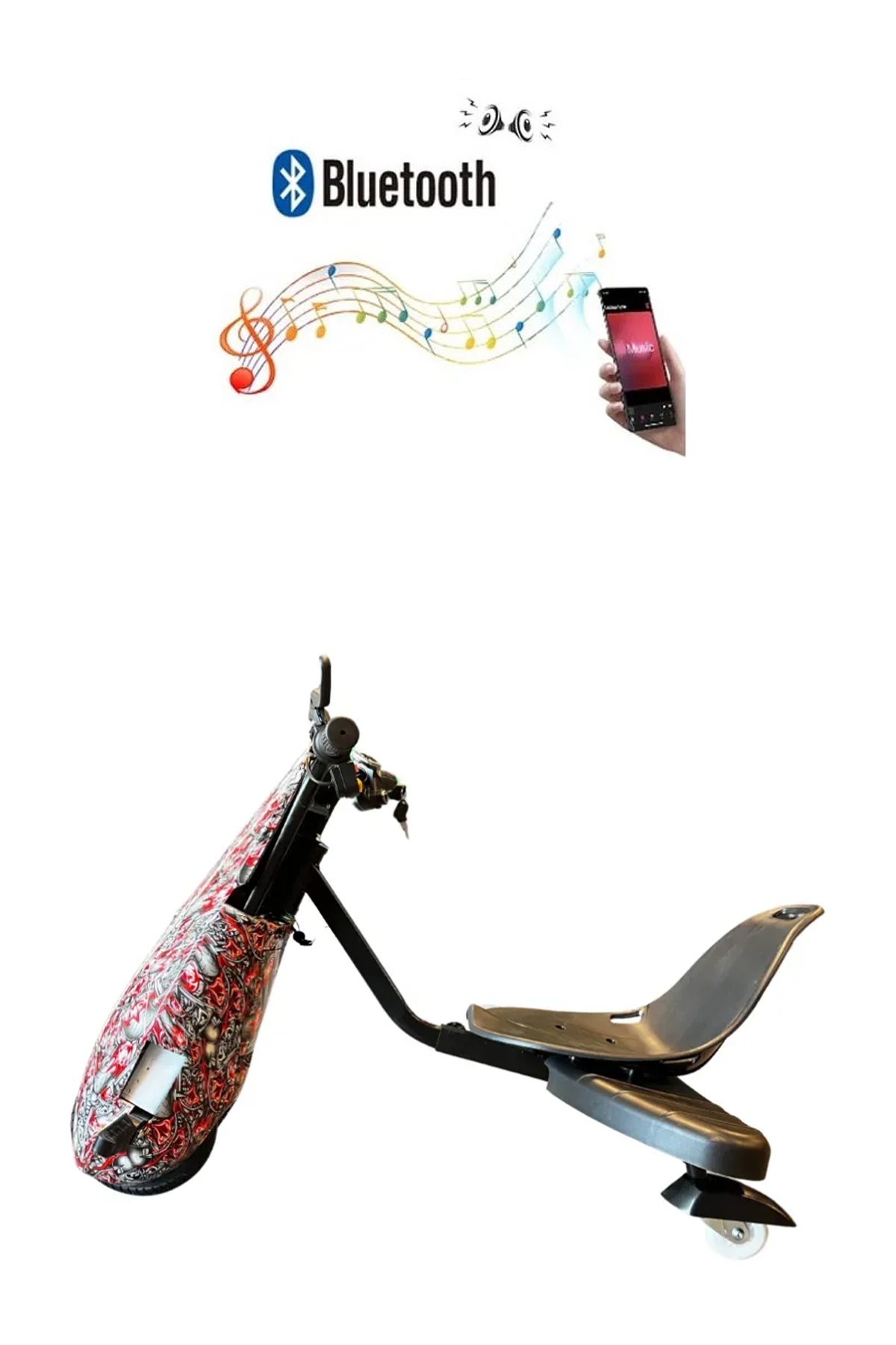 Kırmızı beyaz desenli siyah drift scooter ve Bluetooth sembolü.