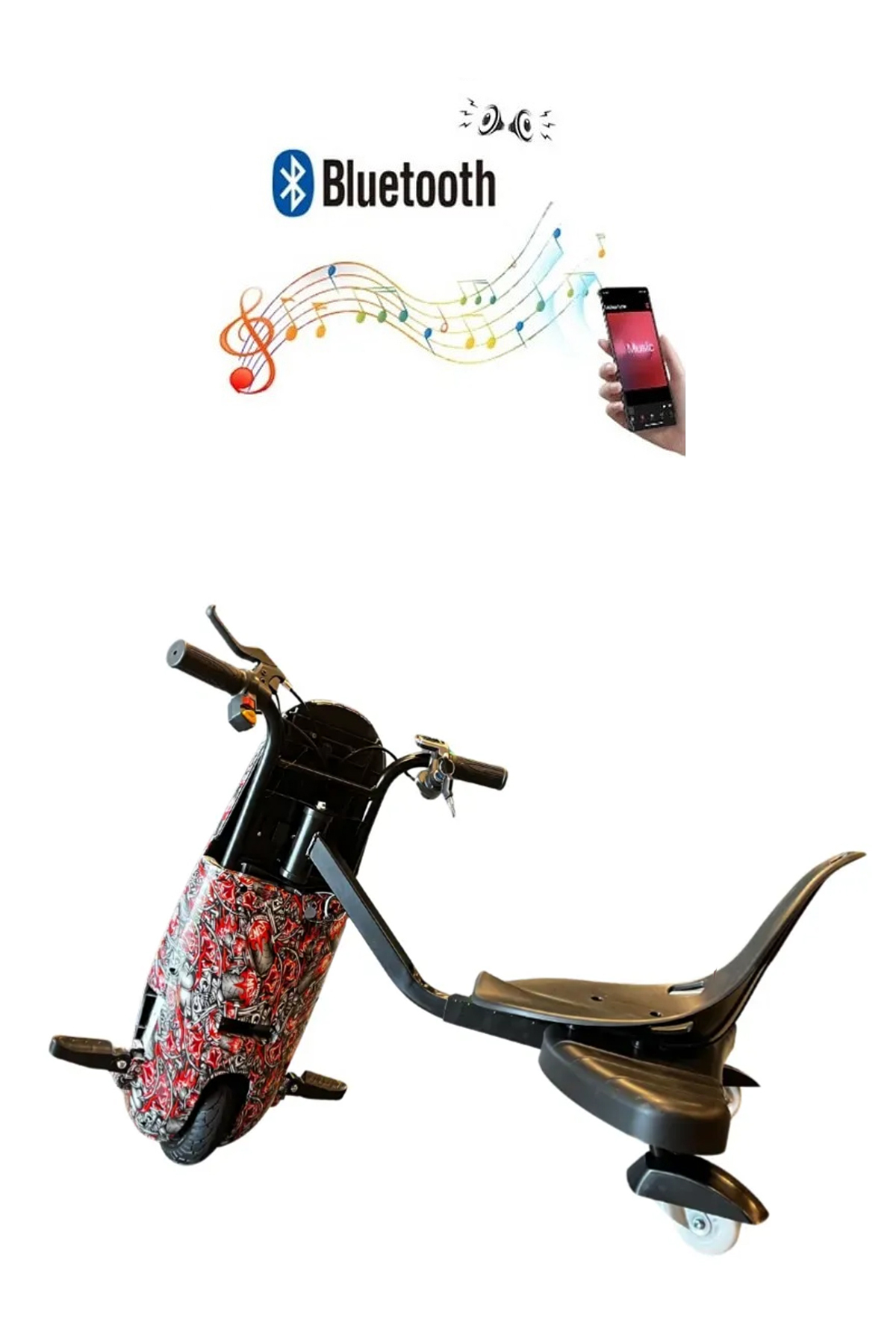 Bluetooth sembolü, müzik notaları ve akıllı telefonlu üç tekerlekli scooter.