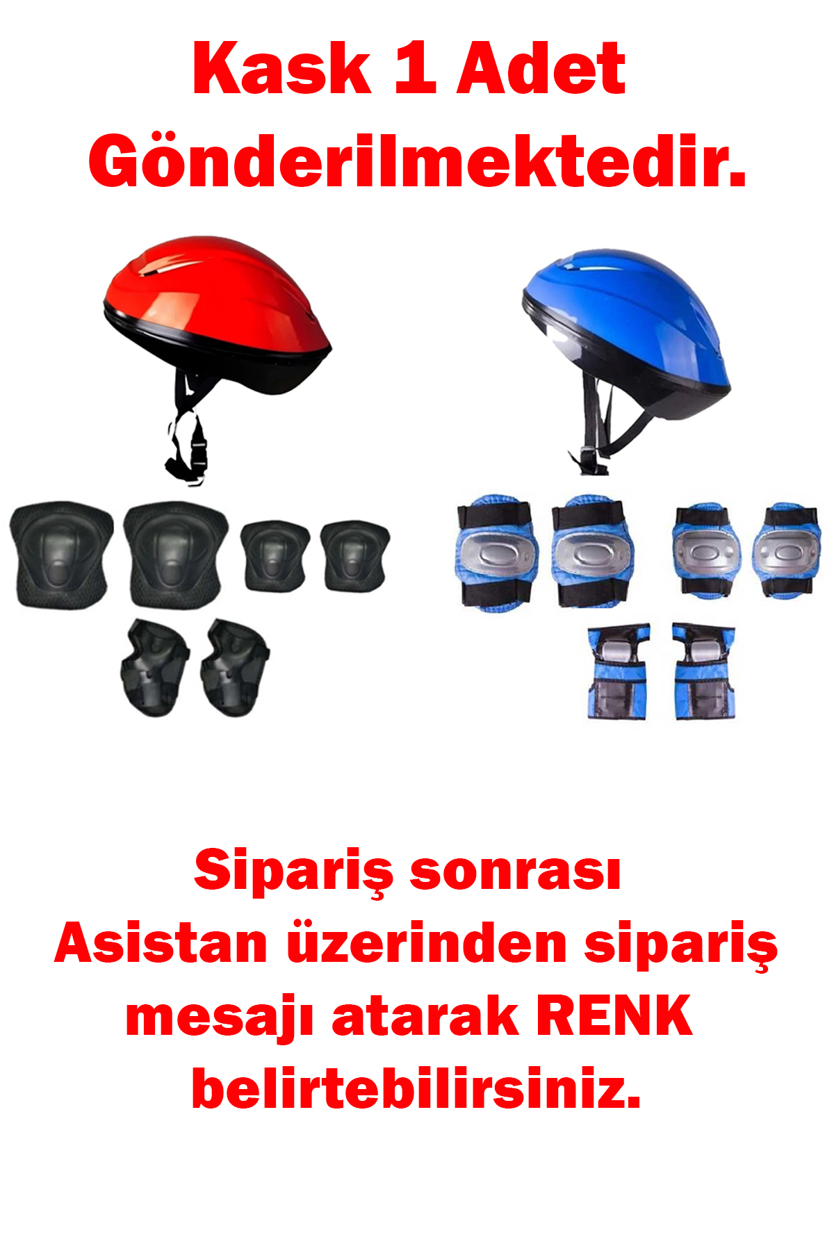 Koruyucu ekipmanlı bir kırmızı ve bir mavi kask.