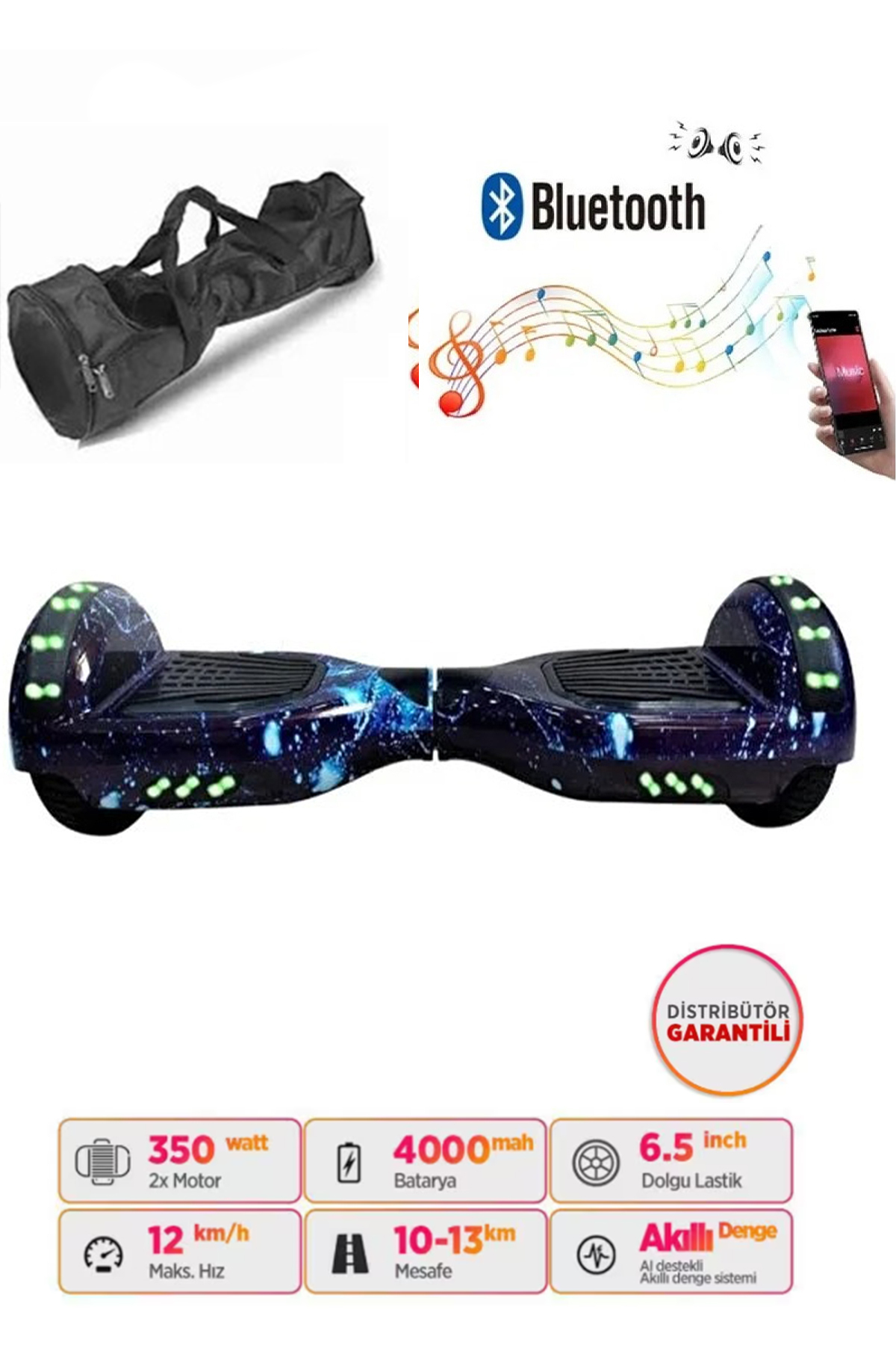 CITYMATE Elektrikli Kaykay Bluetooth Hoparlörlü 6.5" Full Ledli Çanta Hediyeli D12 Hoverboard