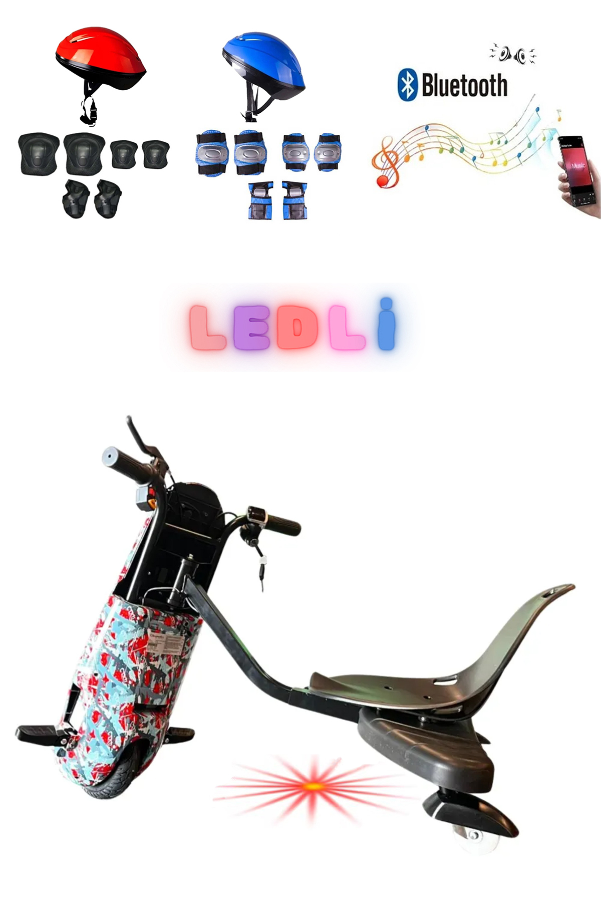 Kırmızı ve mavi kasklar, dizlik/dirseklikler, Bluetooth logosu, müzik notaları, telefon ve drift scooter.