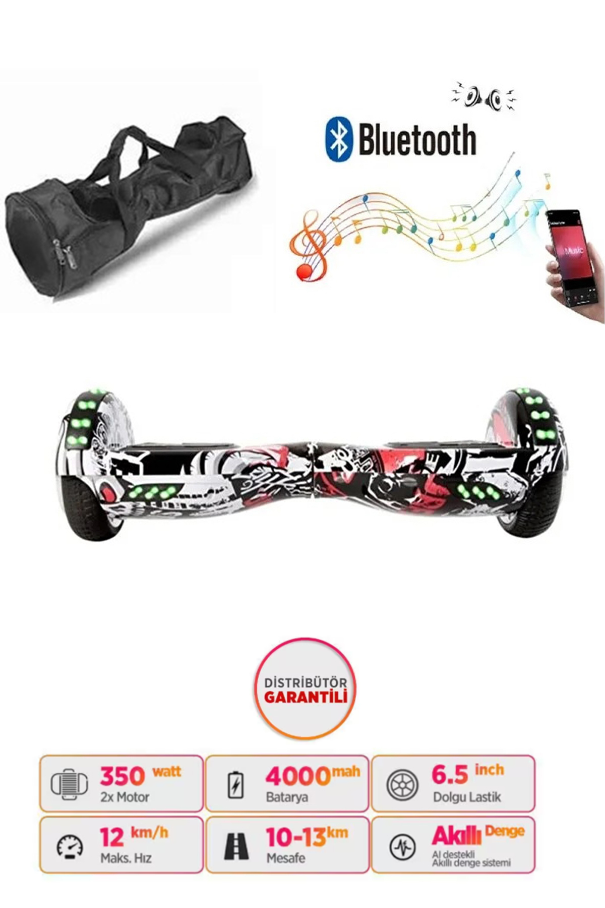 CITYMATE Elektrikli Kaykay Bluetooth Hoparlörlü 6.5" Full Ledli Çanta Hediyeli D06 Hoverboard