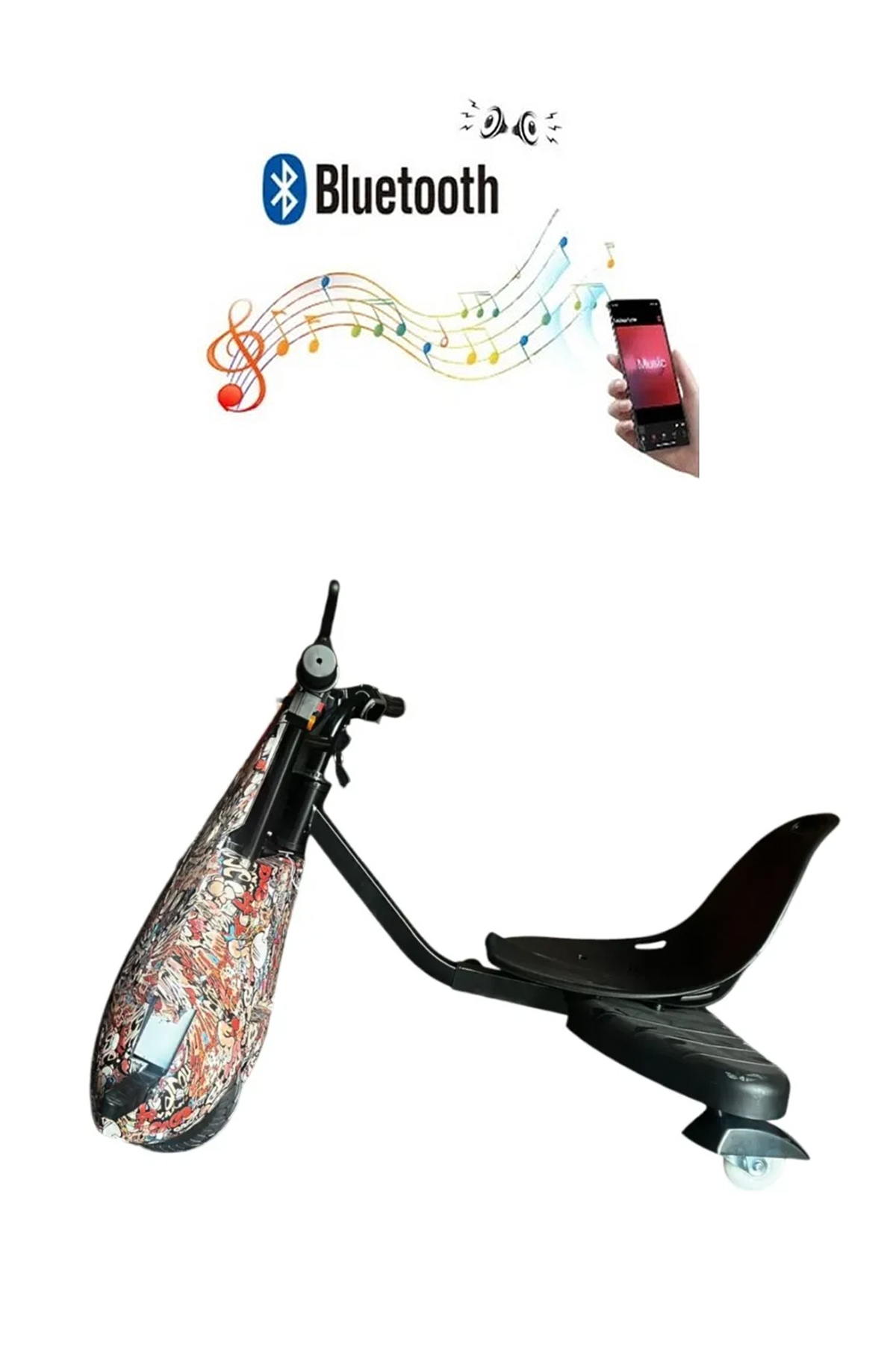 Bluetooth sembollü, müzik notaları ve elde tutulan akıllı telefonlu renkli scooter.