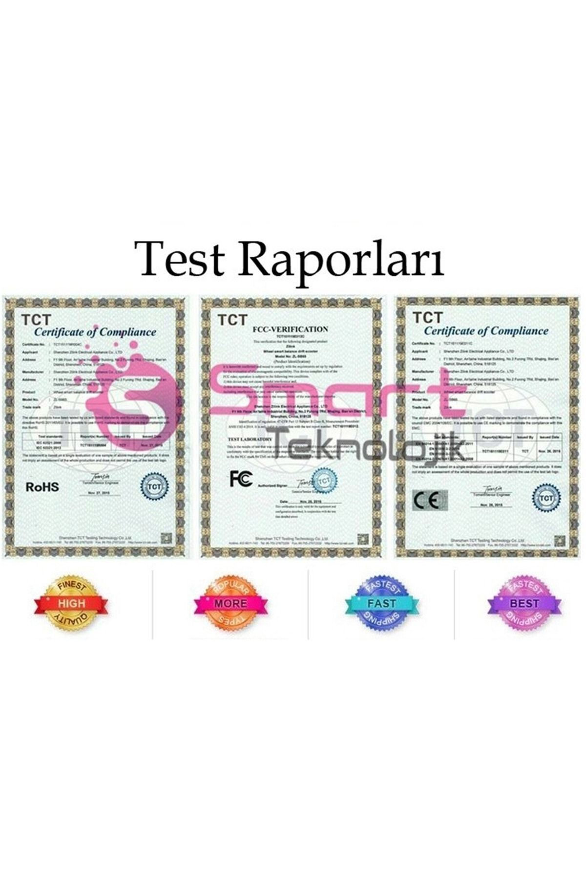 RoHS, FCC ve CE dahil olmak üzere logolar ve metin içeren üç sertifika.