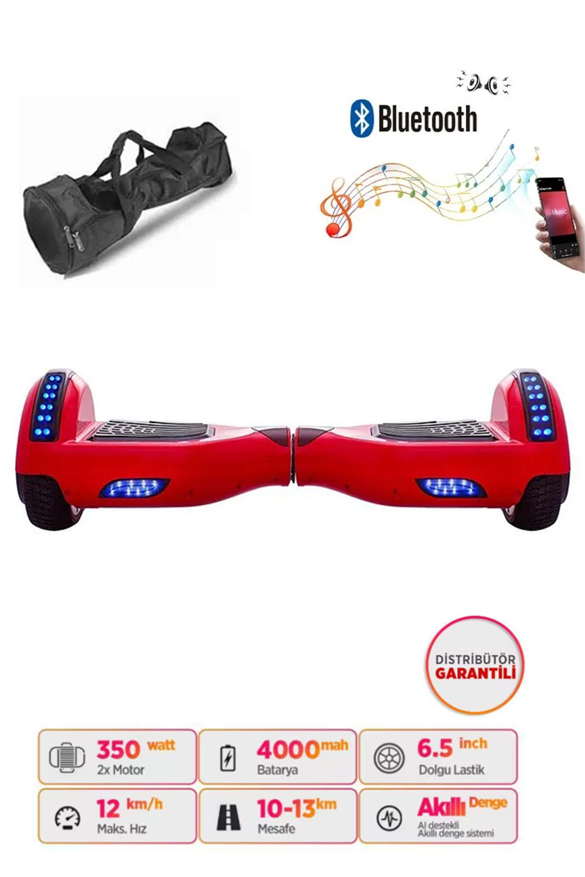 CITYMATE Elektrikli Kaykay Bluetooth Hoparlörlü 6.5" Full Ledli Çanta Hediyeli Kırmızı Hoverboard