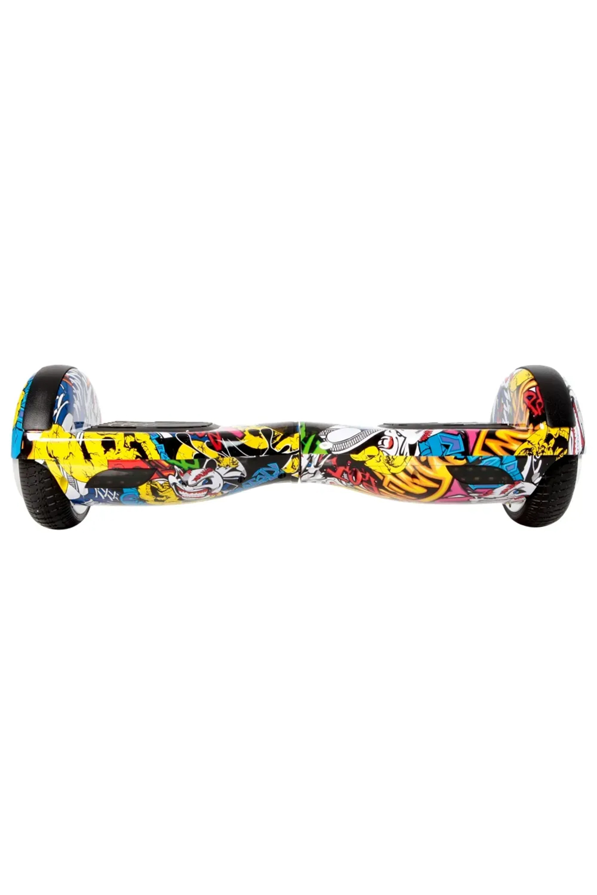 Renkli çizgi roman desenli bir hoverboard beyaz zeminde süzülüyor.