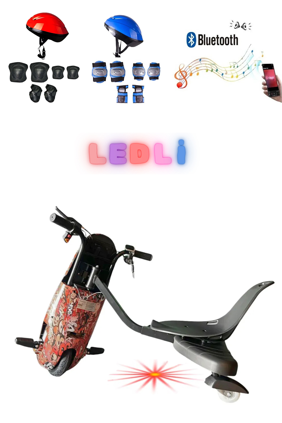 Kırmızı ve mavi kasklar, siyah ve mavi pedler, Bluetooth logosu, müzik notaları, telefon ve drift scooter.