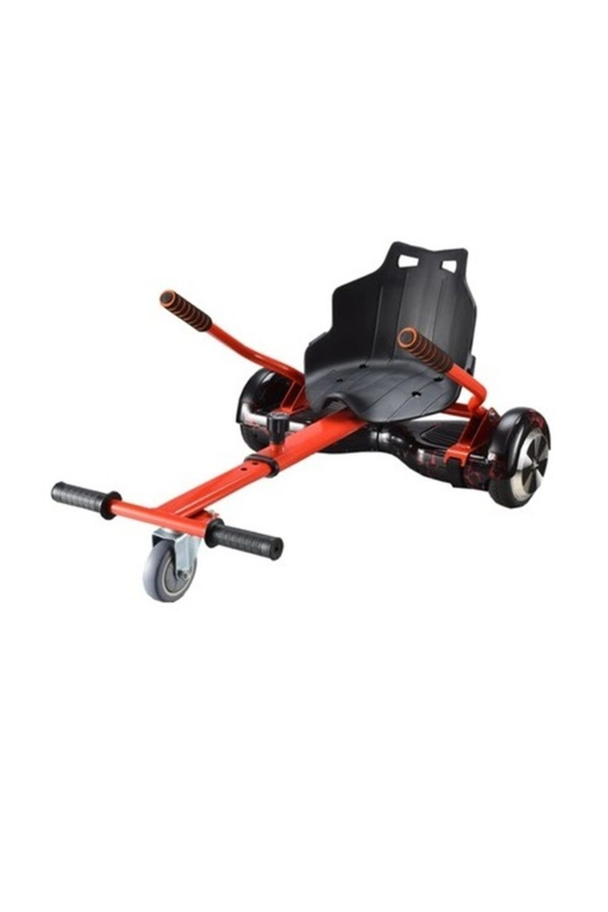 Siyah koltuklu ve tekerlekli kırmızı hoverboard go-kart aparatı.