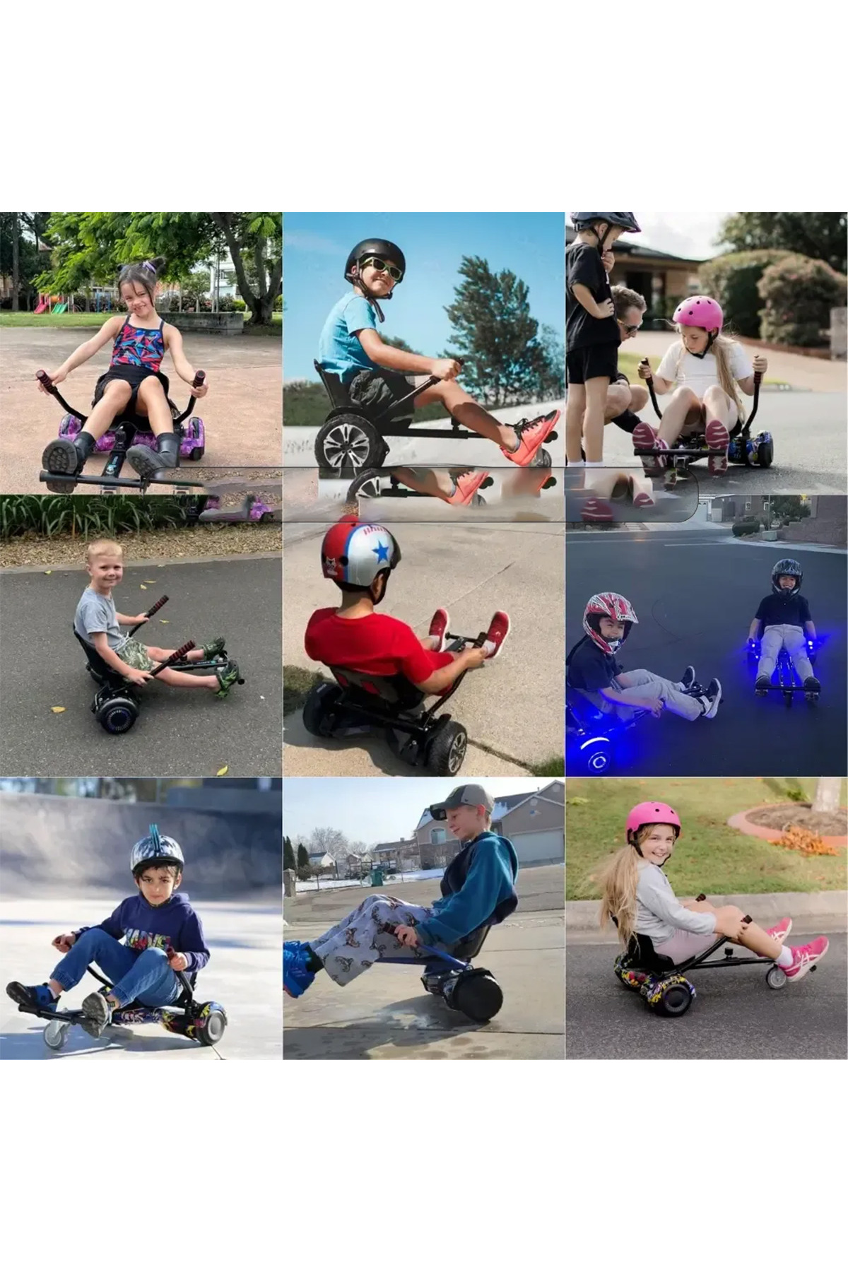Çocuklar dışarıda hoverkart sürüyor. Mor renkli kartta bir kız, mavi renkli kartta bir erkek çocuk.