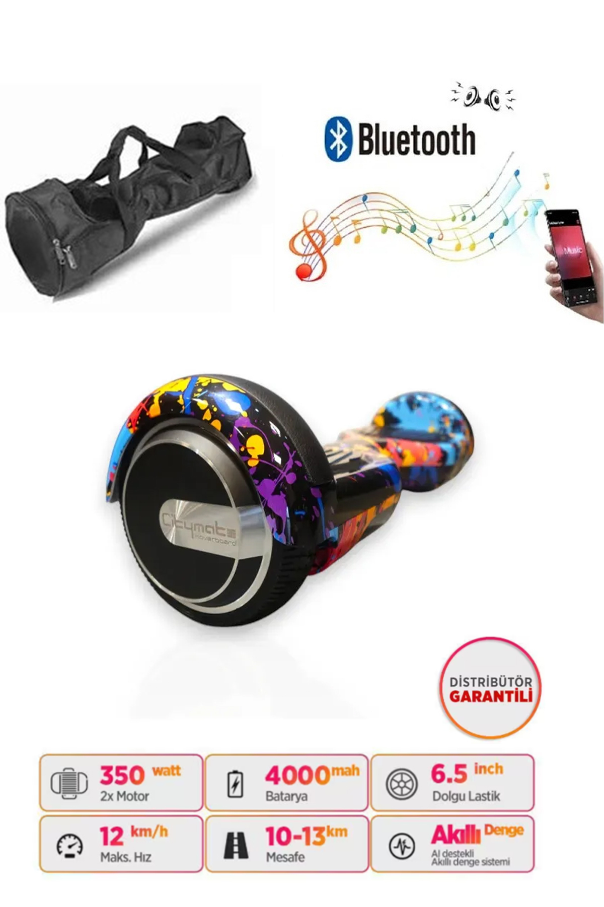 Taşıma çantalı, Bluetooth sembollü ve özellikli, renkli hoverboard.