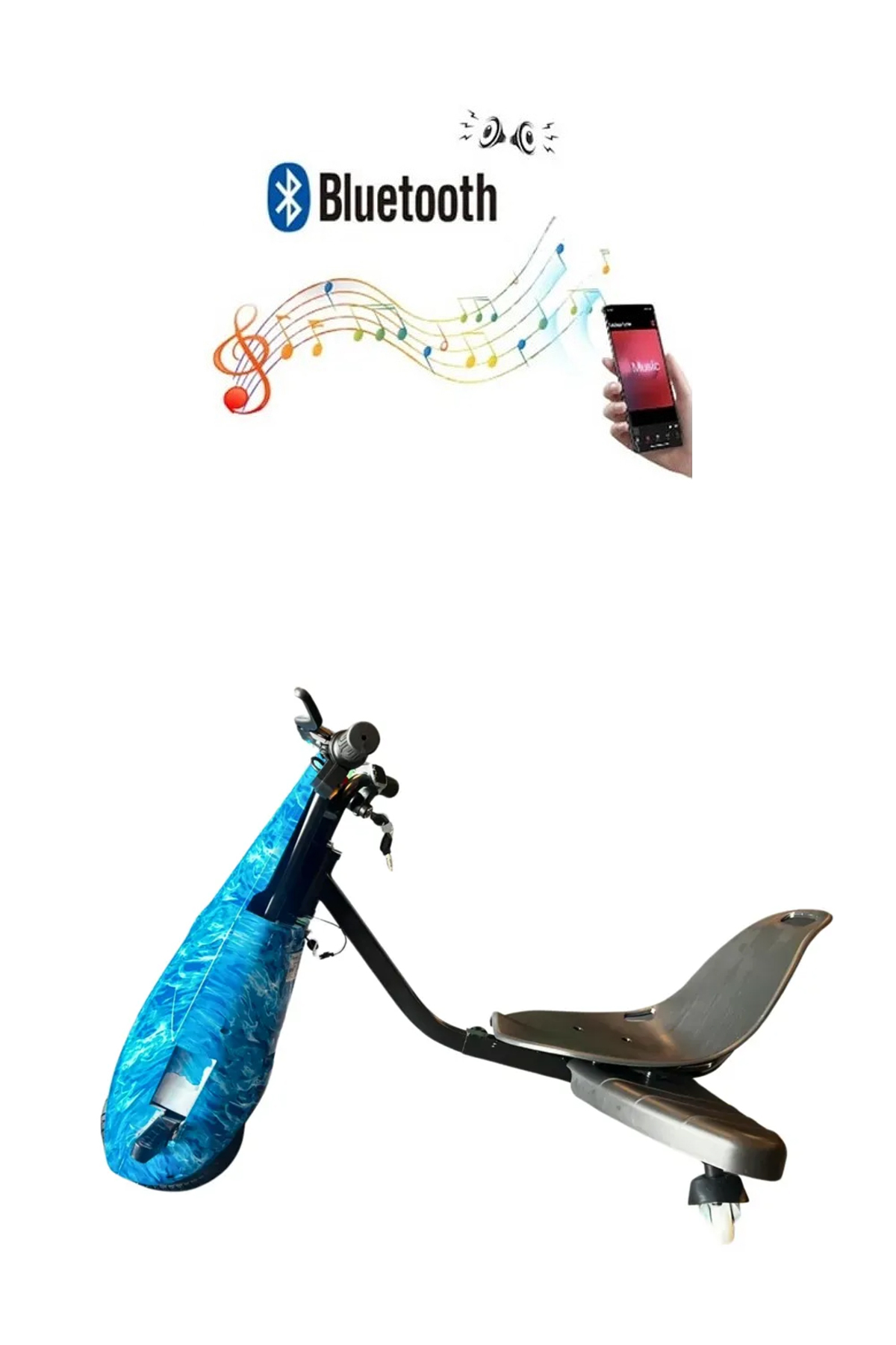 Mavi kapaklı ve Bluetooth sembollü üç tekerlekli drift scooter.