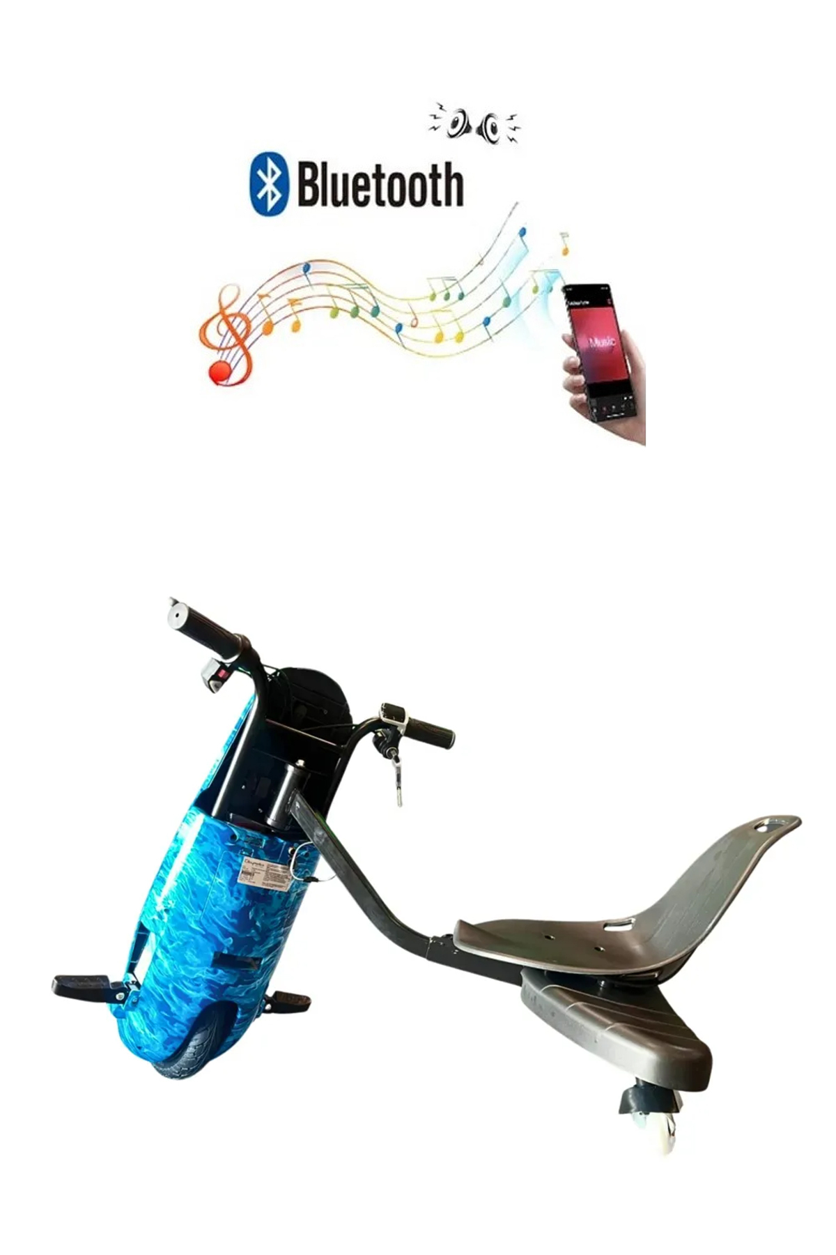 Bluetooth sembolü ve müzik notaları olan mavi drift scooter.