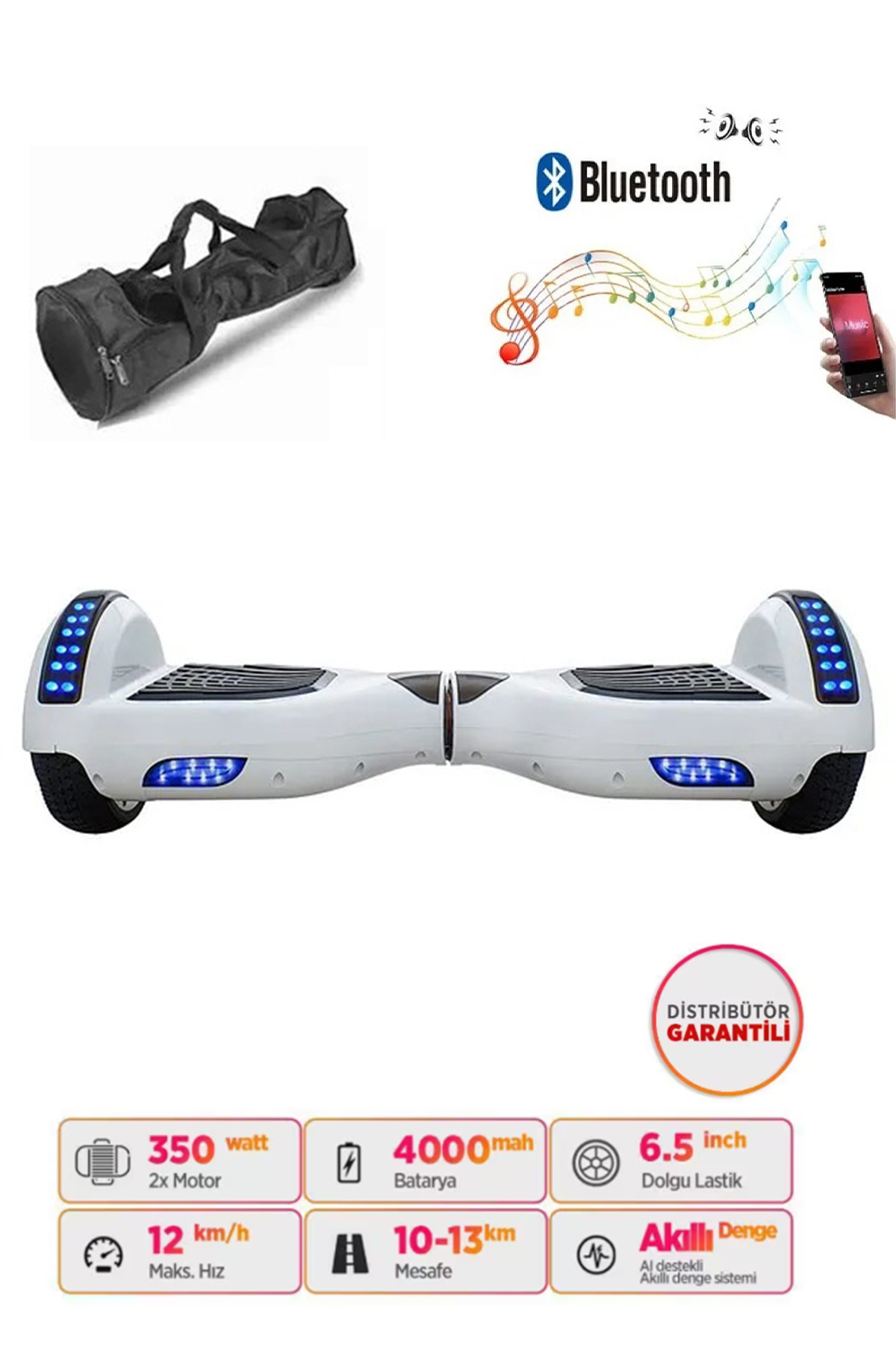 CITYMATE Elektrikli Kaykay Bluetooth Hoparlörlü 6.5" Full Ledli Çanta Hediyeli Beyaz Hoverboard